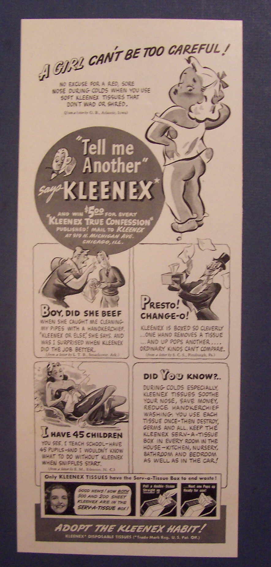 1940 Kleenex Tissue with Girl Who Can't Be Too Careful