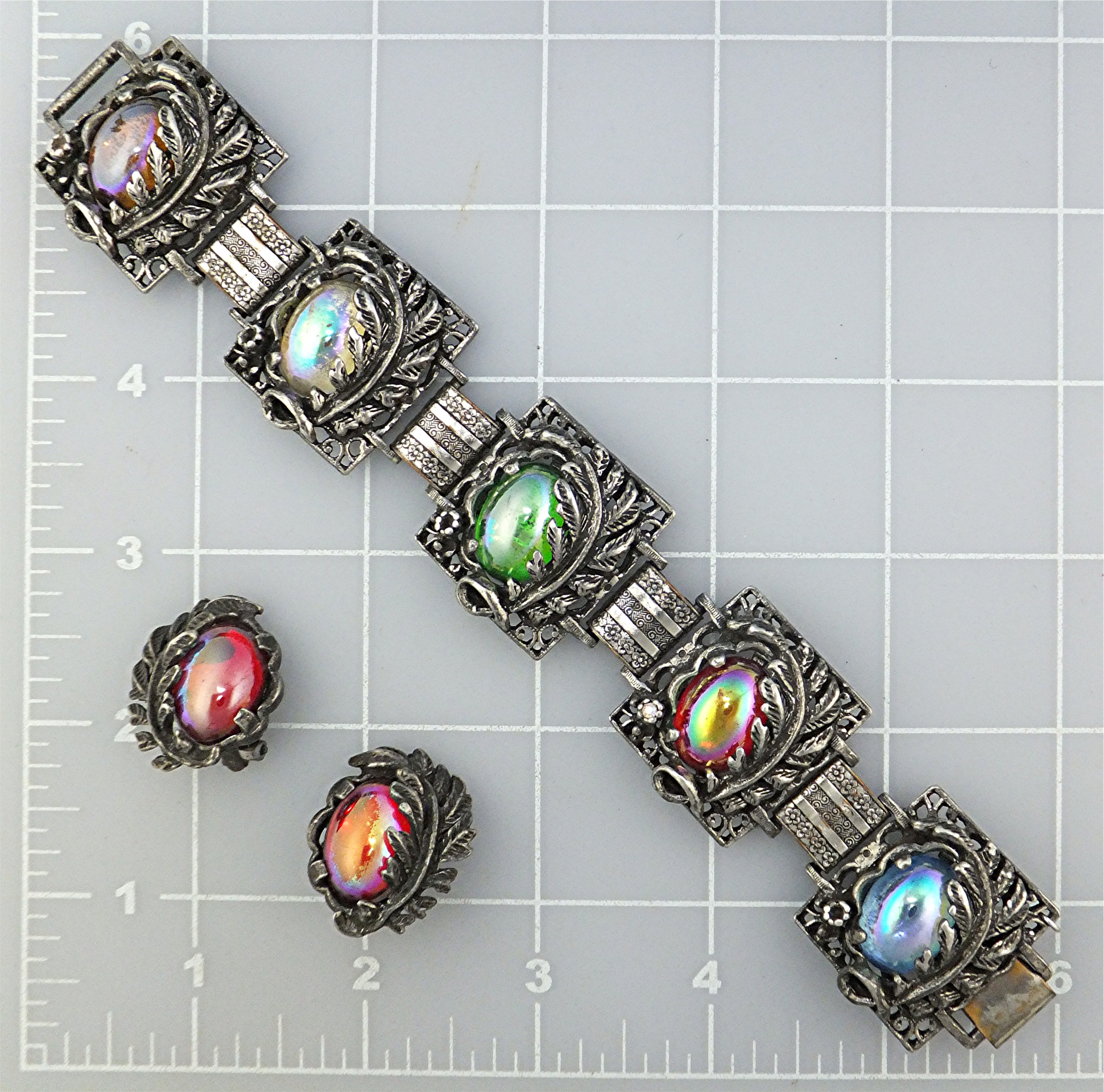 Bracelet Earrings Silvertone and Irridescent  Glass