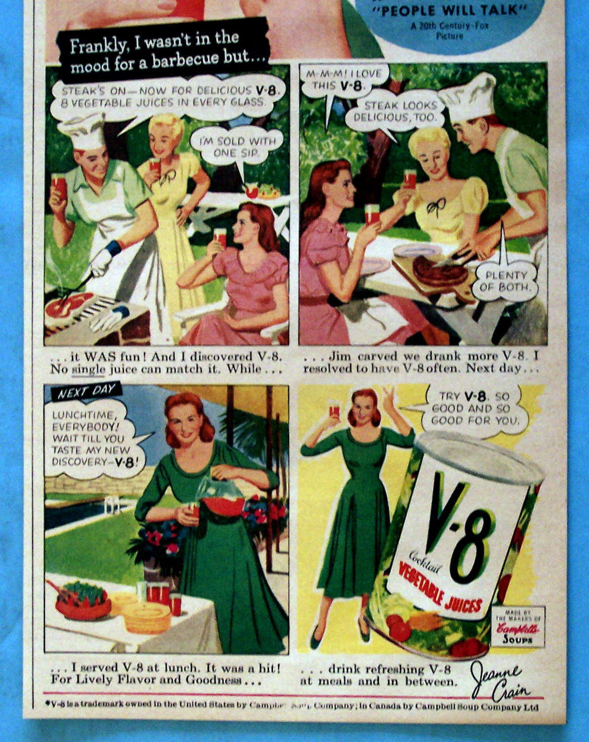 1951 V-8 Vegetable Juice with Lovely Star Jeanne Crain