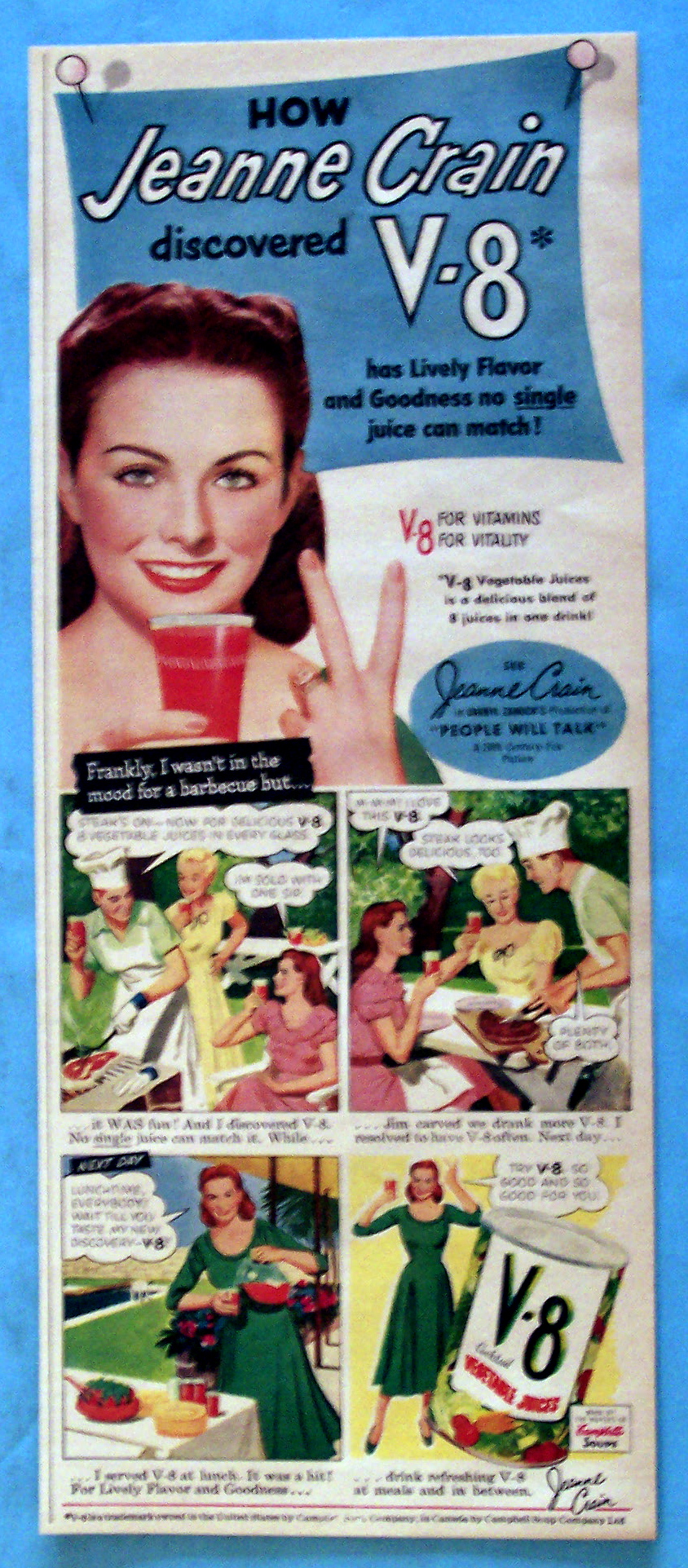 1951 V-8 Vegetable Juice with Lovely Star Jeanne Crain