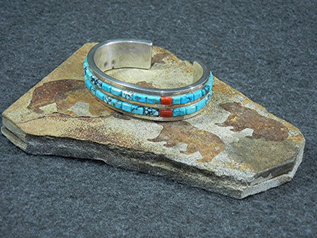 Native American Sterling Silver Coral Turquoise Cuff