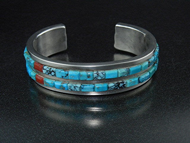 Native American Sterling Silver Coral Turquoise Cuff