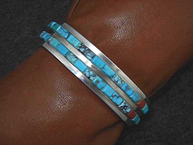 Native American Sterling Silver Coral Turquoise Cuff
