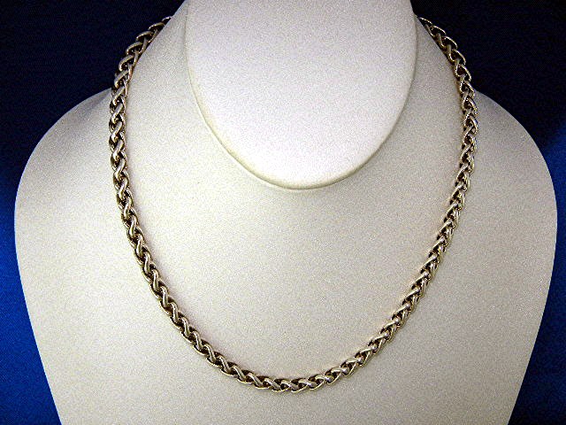 14K Gold Diamond Wheat Chain Sterling Silver Necklace