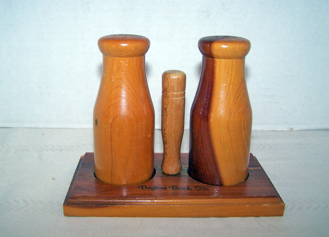 Pair of Bottle Shape Wood Salt & Pepper Shakers