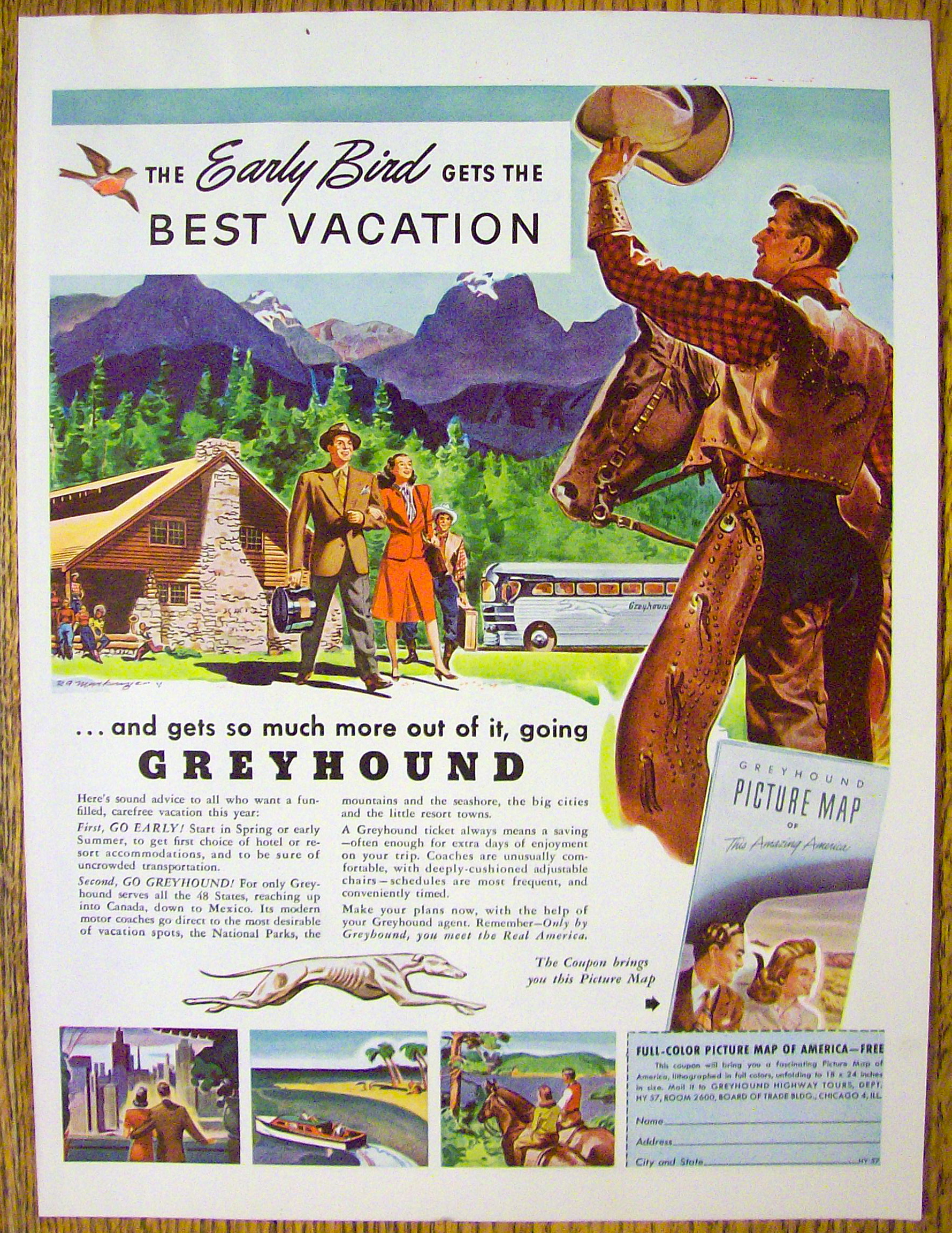 1947 Greyhound with Cowboy Waving Hat To Couple