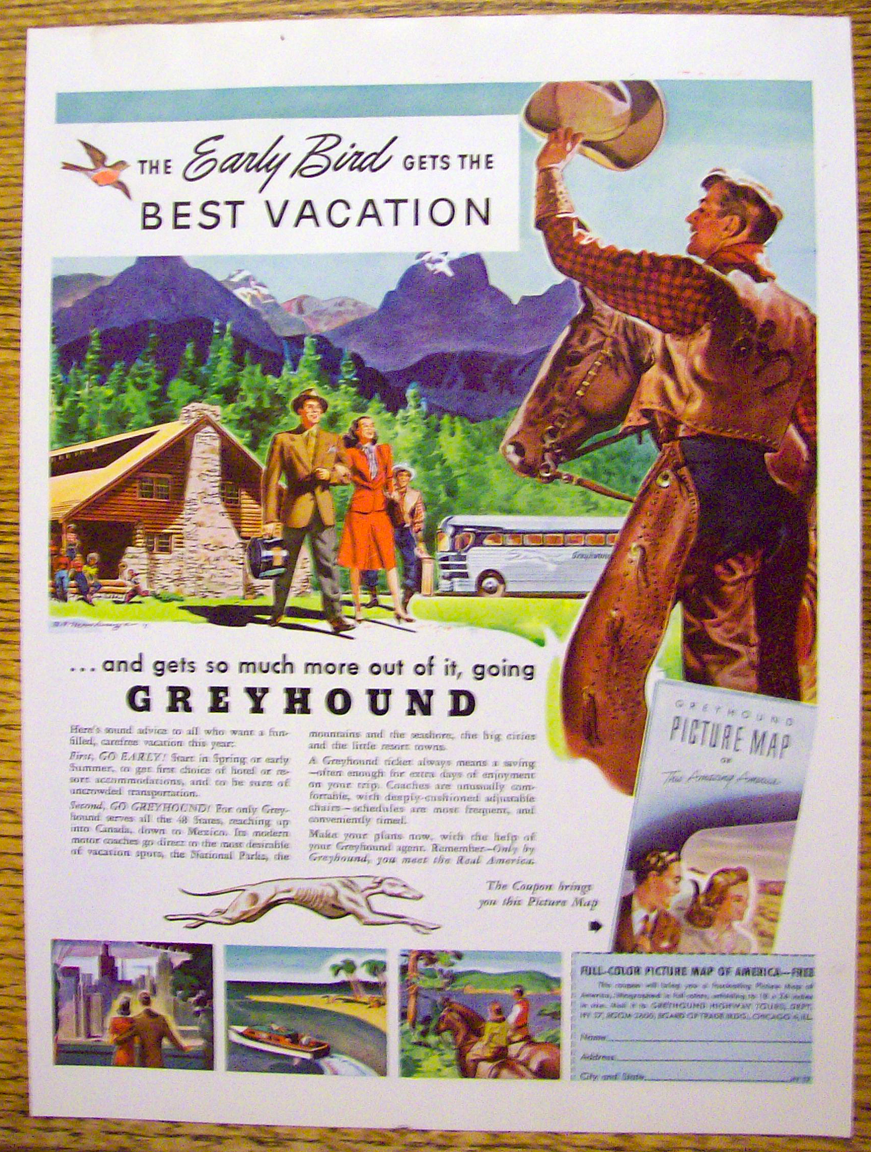 1947 Greyhound with Cowboy Waving Hat To Couple