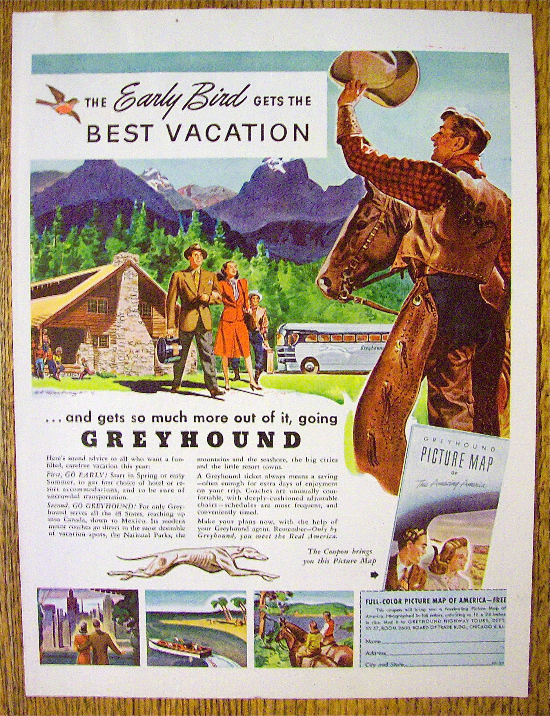 1947 Greyhound with Cowboy Waving Hat To Couple