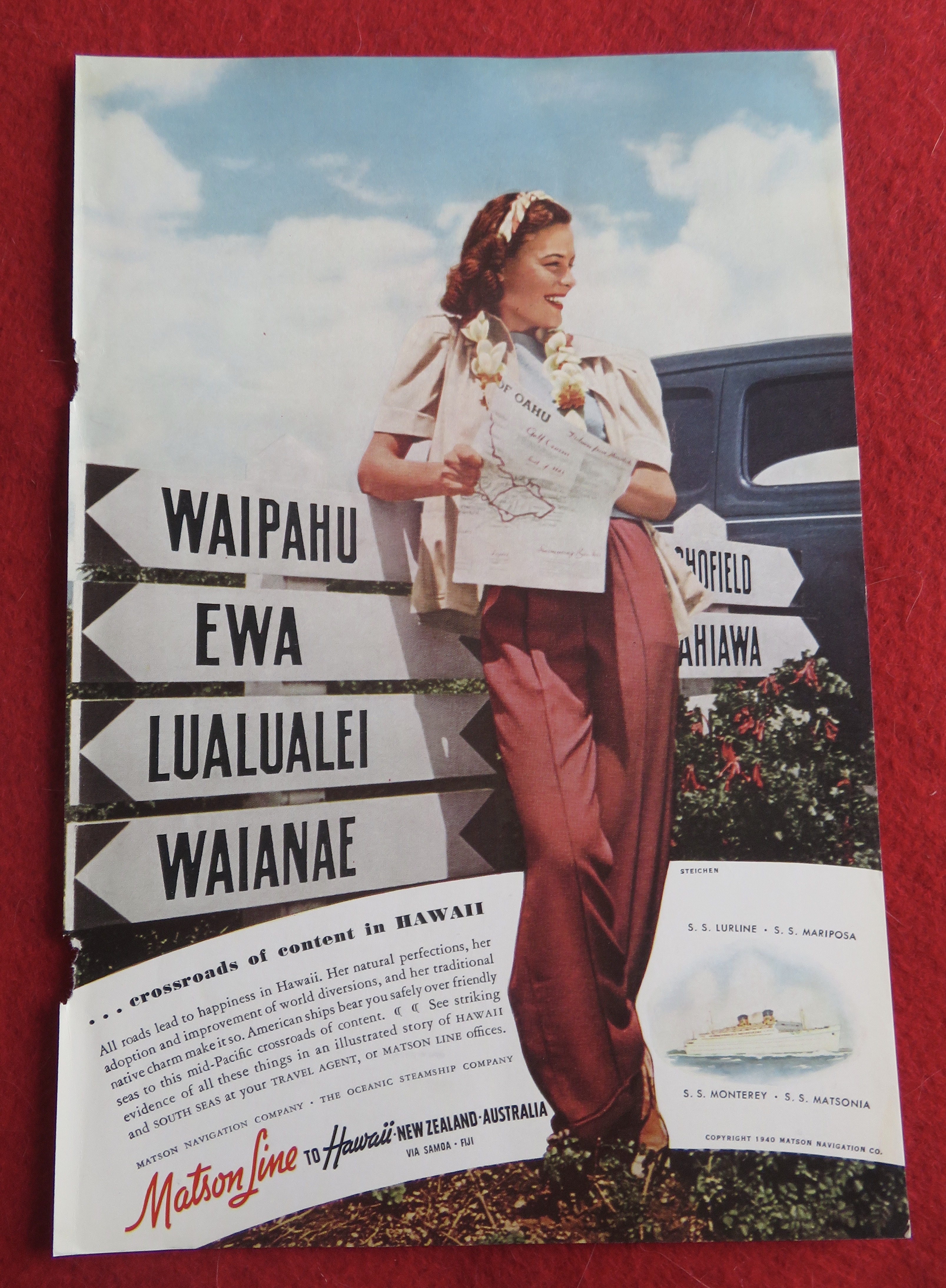 1940 Matson Line To Hawaii with Lovely Woman