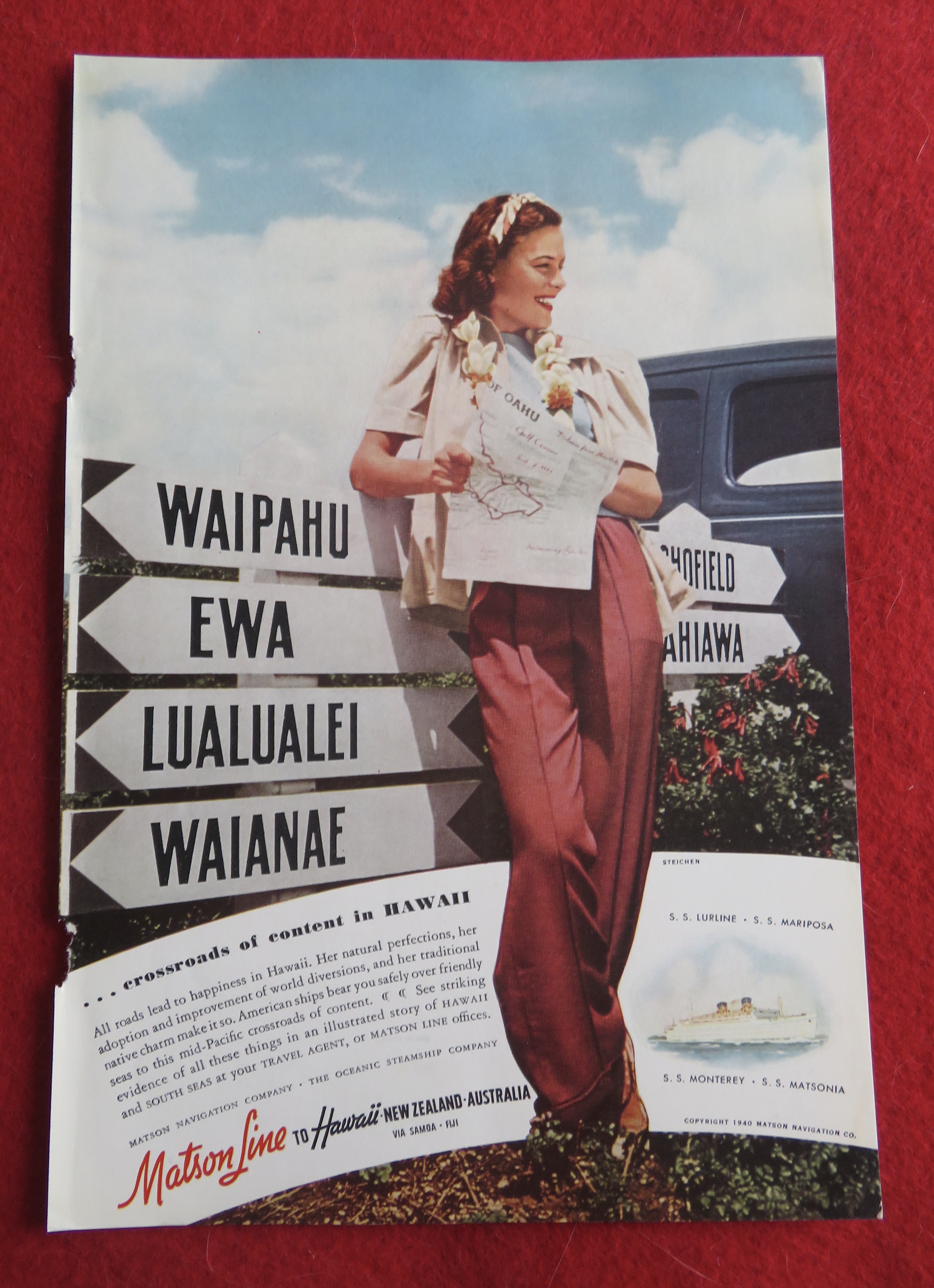 1940 Matson Line To Hawaii with Lovely Woman