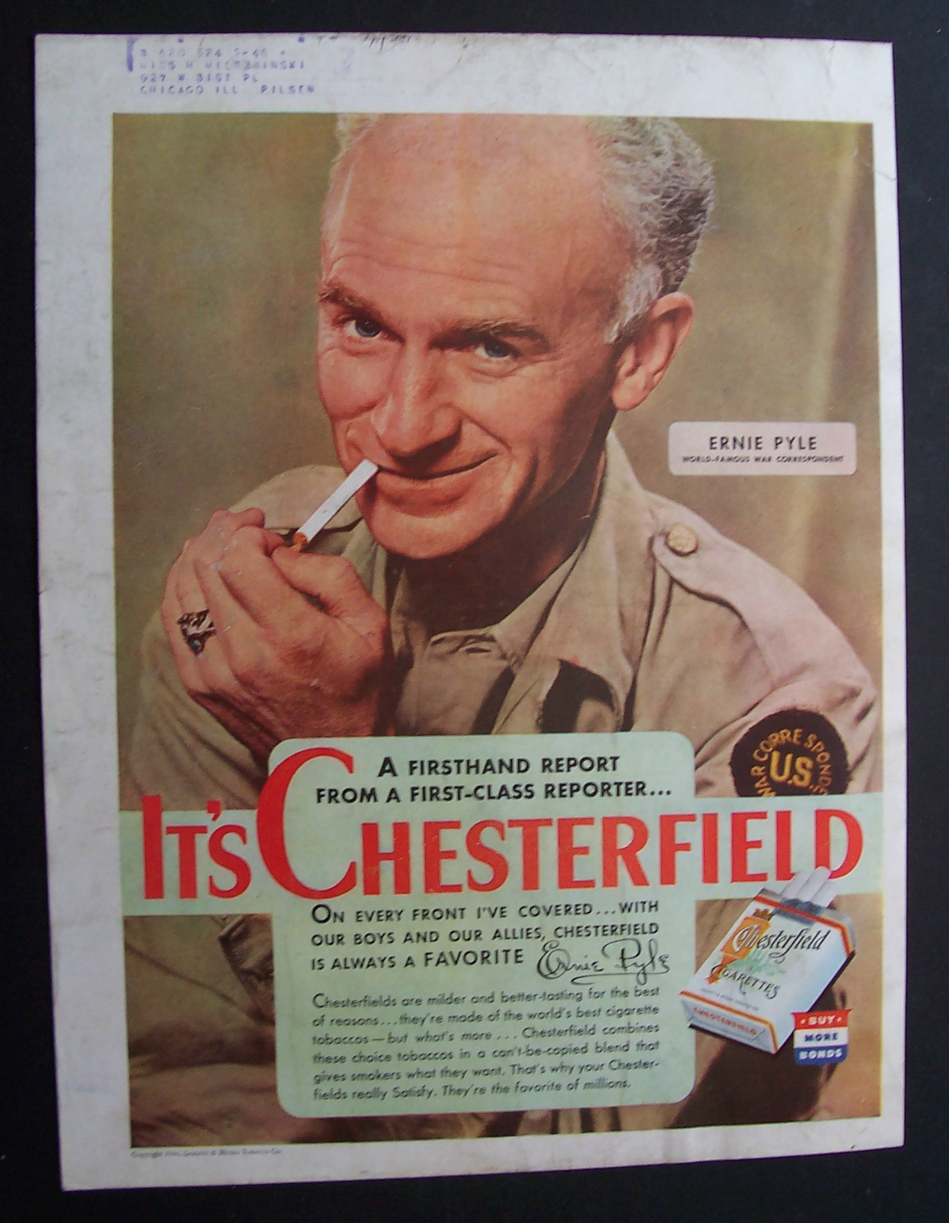 1944 Chesterfield Cigarette with Ernie Pyle