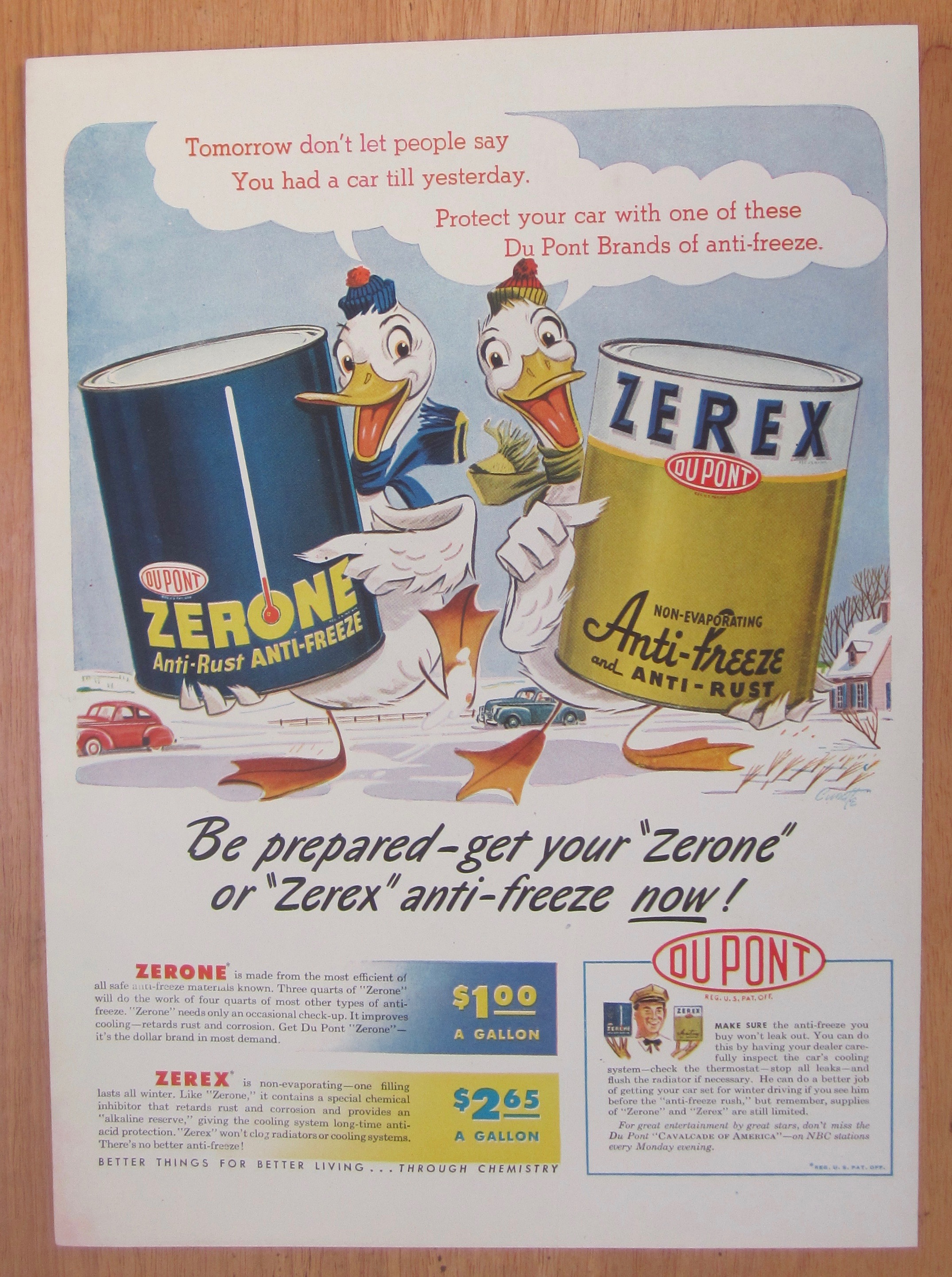 1946 Du Pont Zerone Anti Freeze & Zerex Anti Rust/Duck