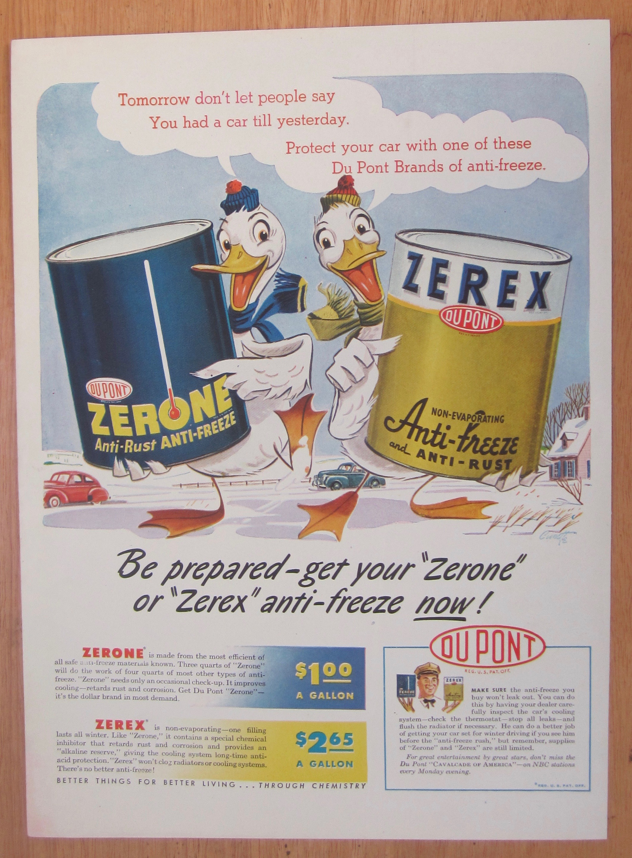 1946 Du Pont Zerone Anti Freeze & Zerex Anti Rust/Duck