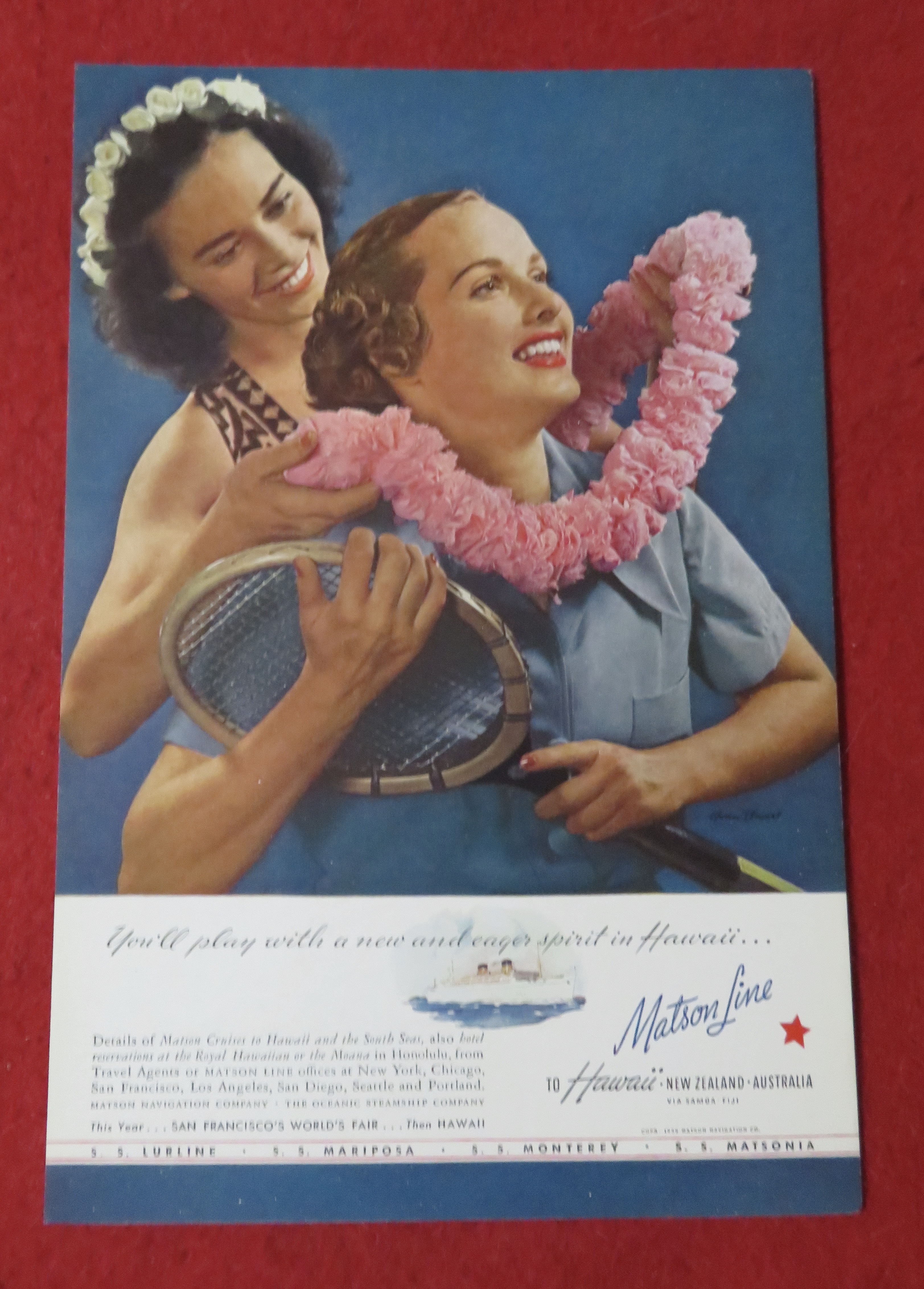 1939 Matson Line To Hawaii with Hawaiian Woman and Lei