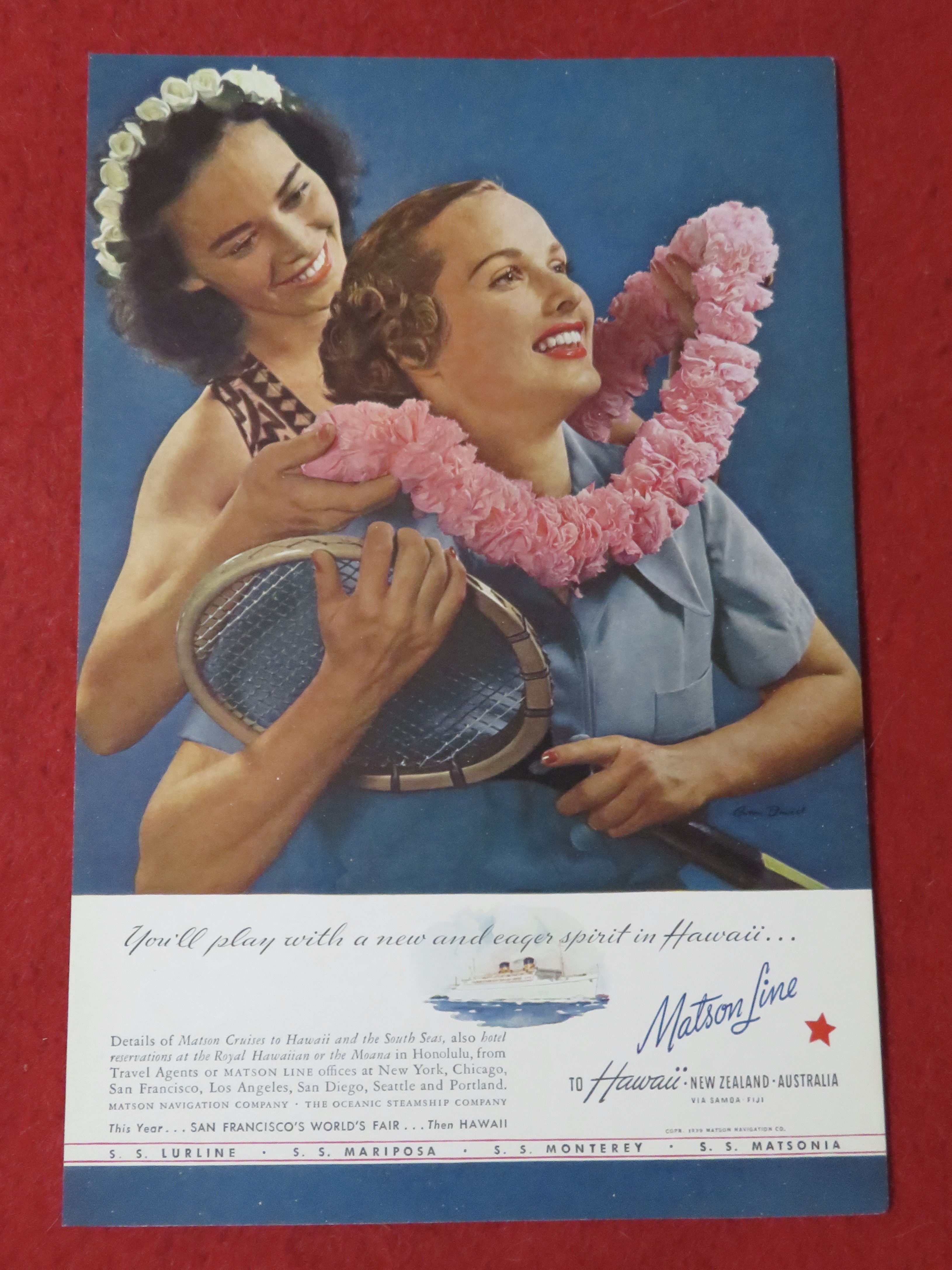 1939 Matson Line To Hawaii with Hawaiian Woman and Lei