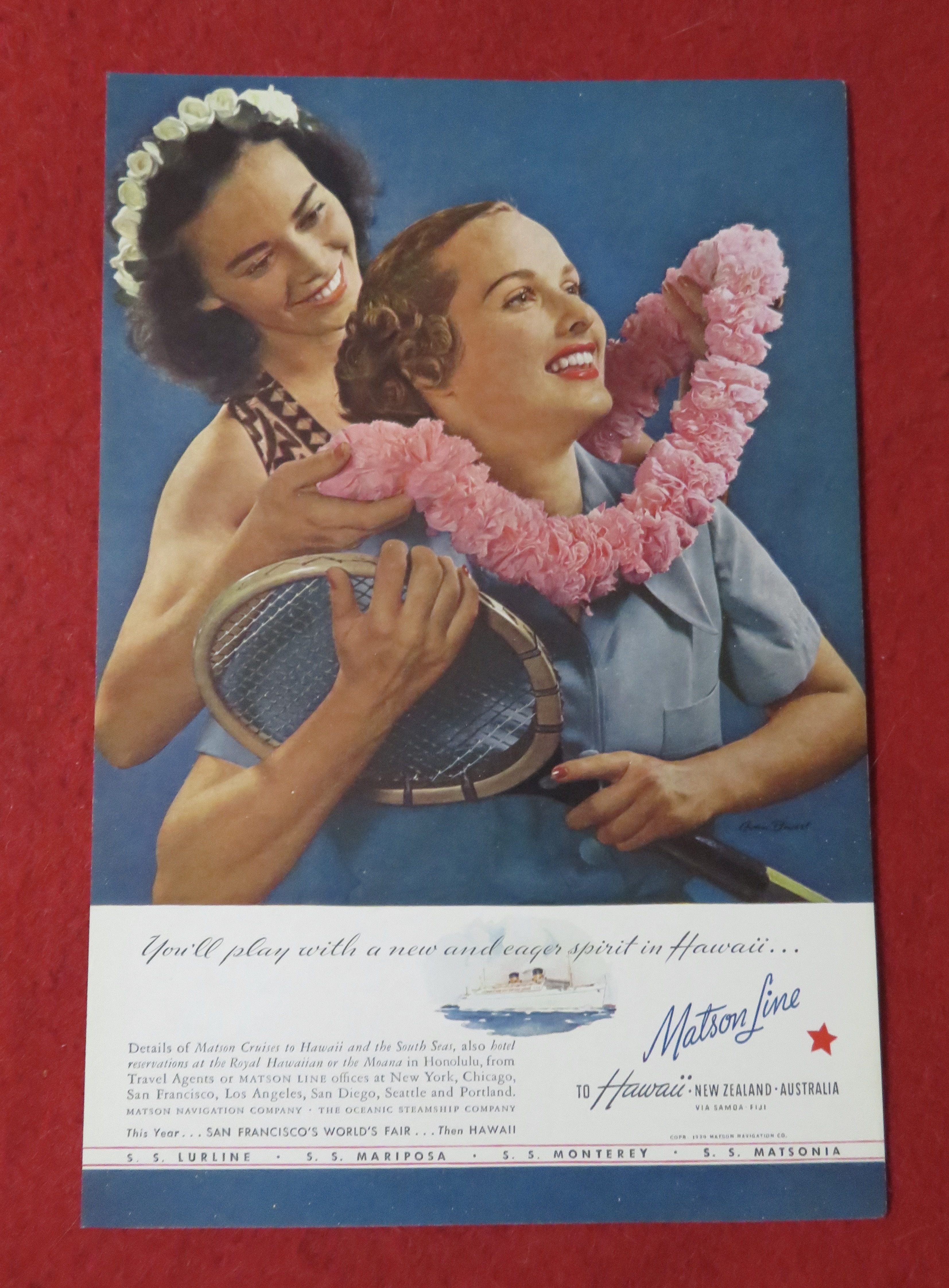 1939 Matson Line To Hawaii with Hawaiian Woman and Lei