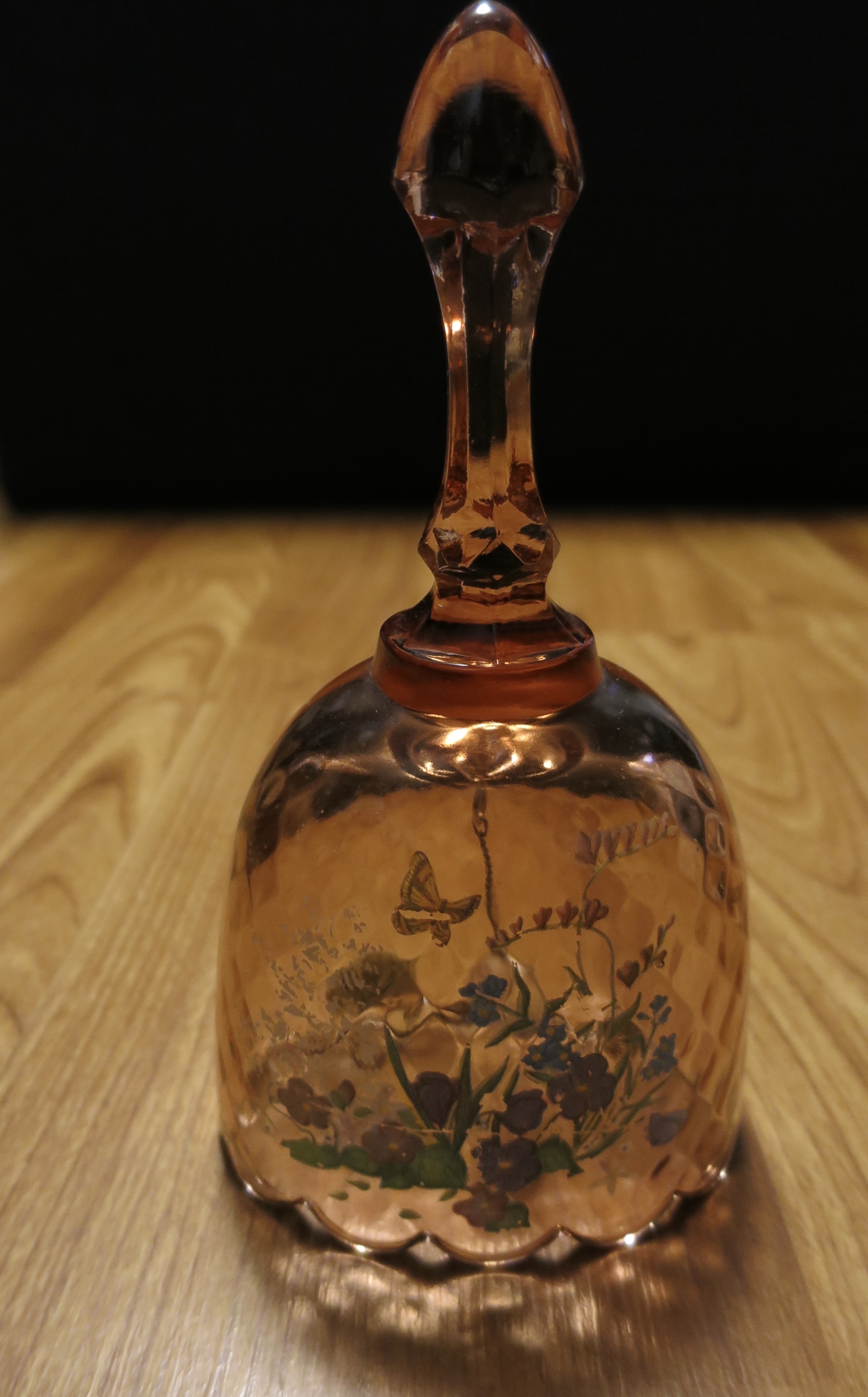 Fenton Art Glass Bell Pink Diamond Floral Butterfly Hand Painted