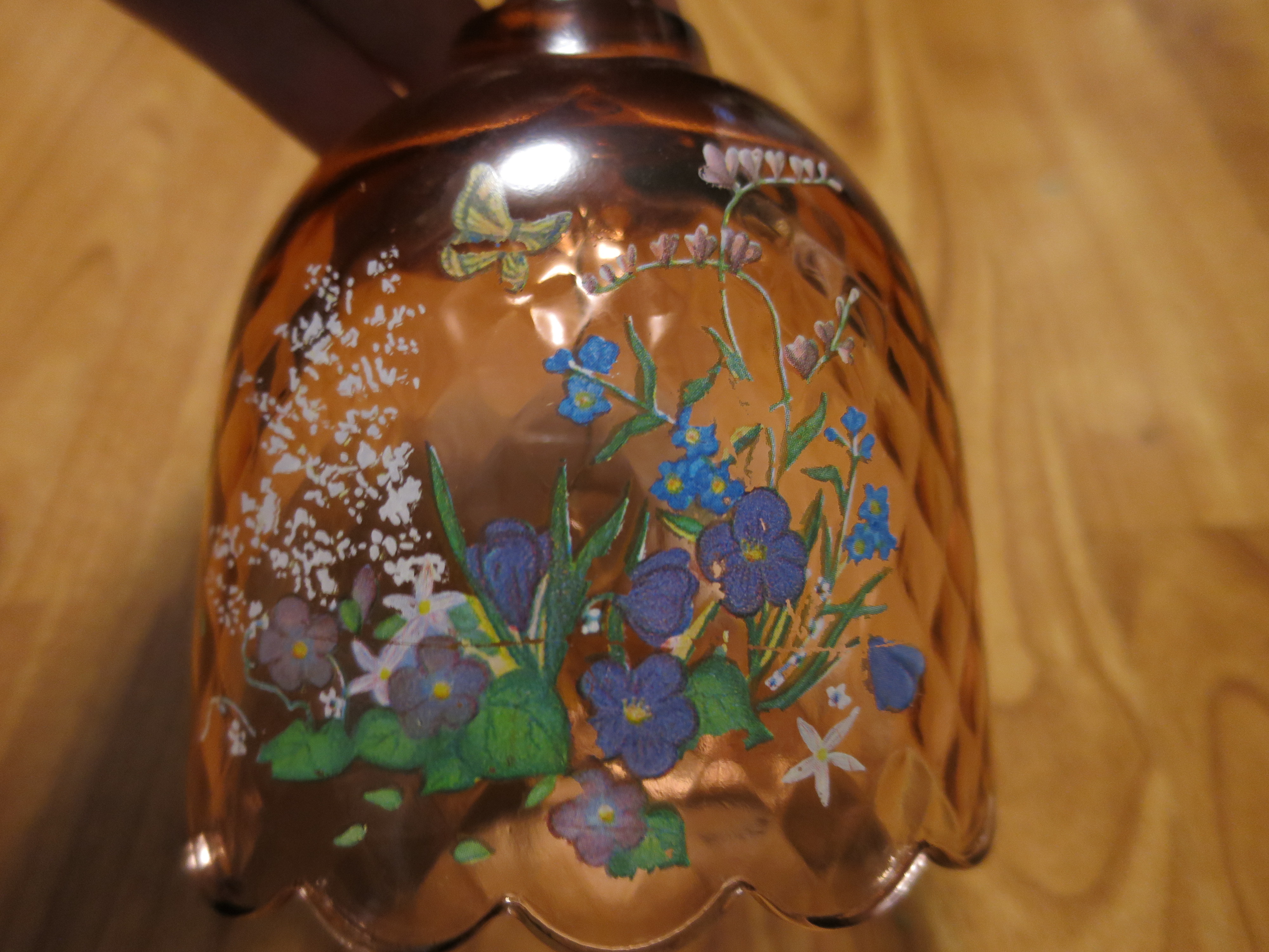 Fenton Art Glass Bell Pink Diamond Floral Butterfly Hand Painted
