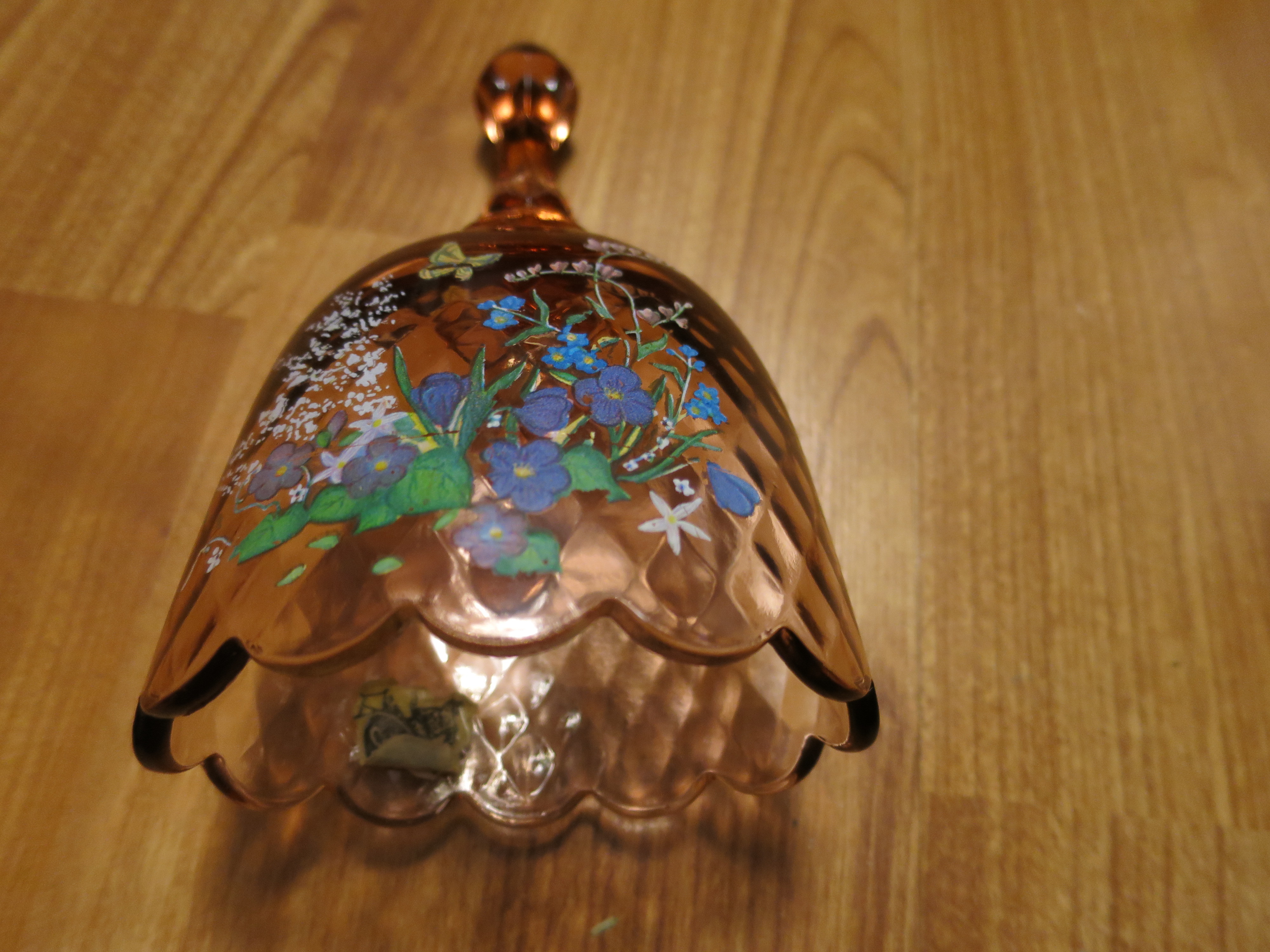 Fenton Art Glass Bell Pink Diamond Floral Butterfly Hand Painted