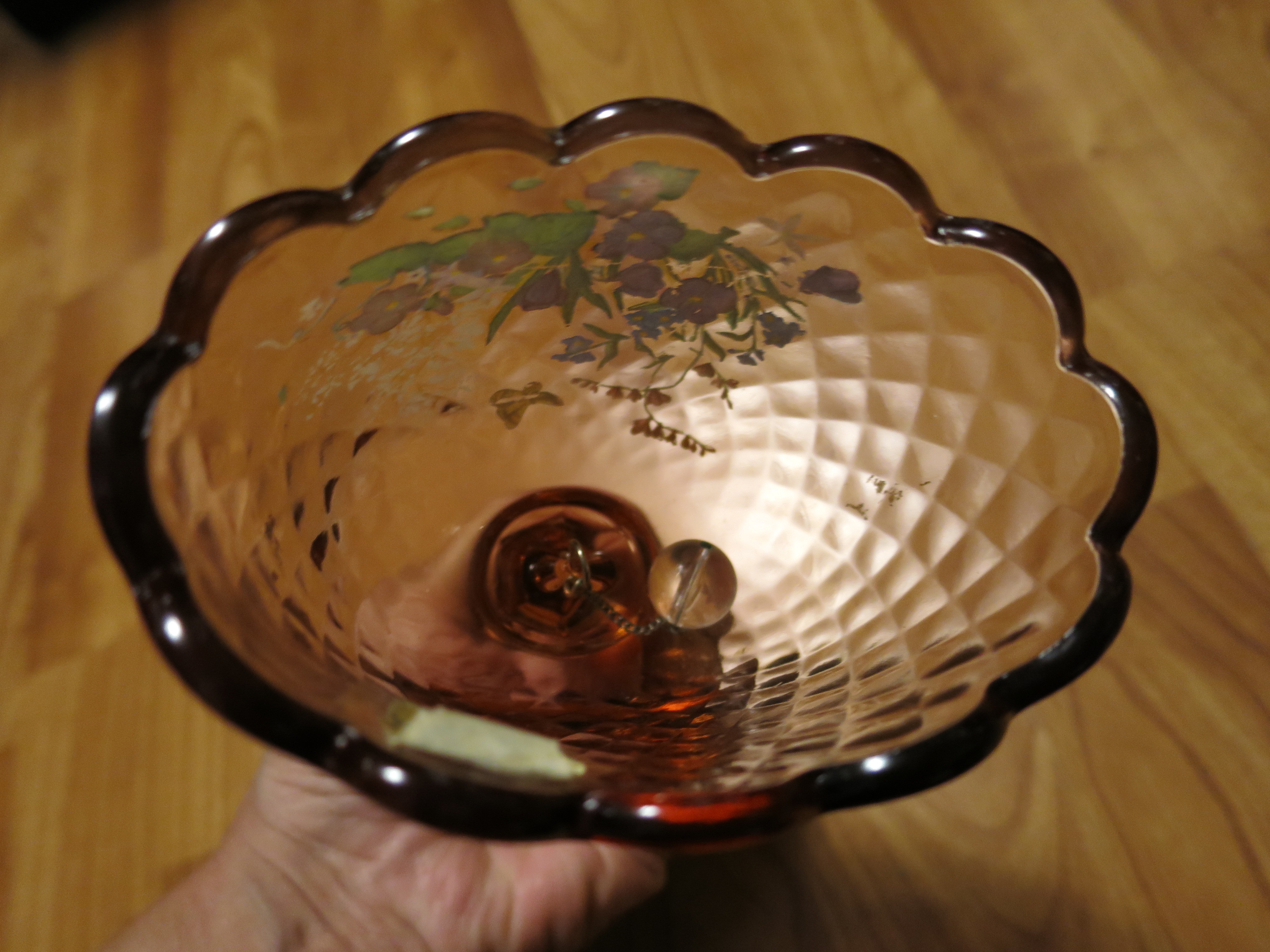 Fenton Art Glass Bell Pink Diamond Floral Butterfly Hand Painted
