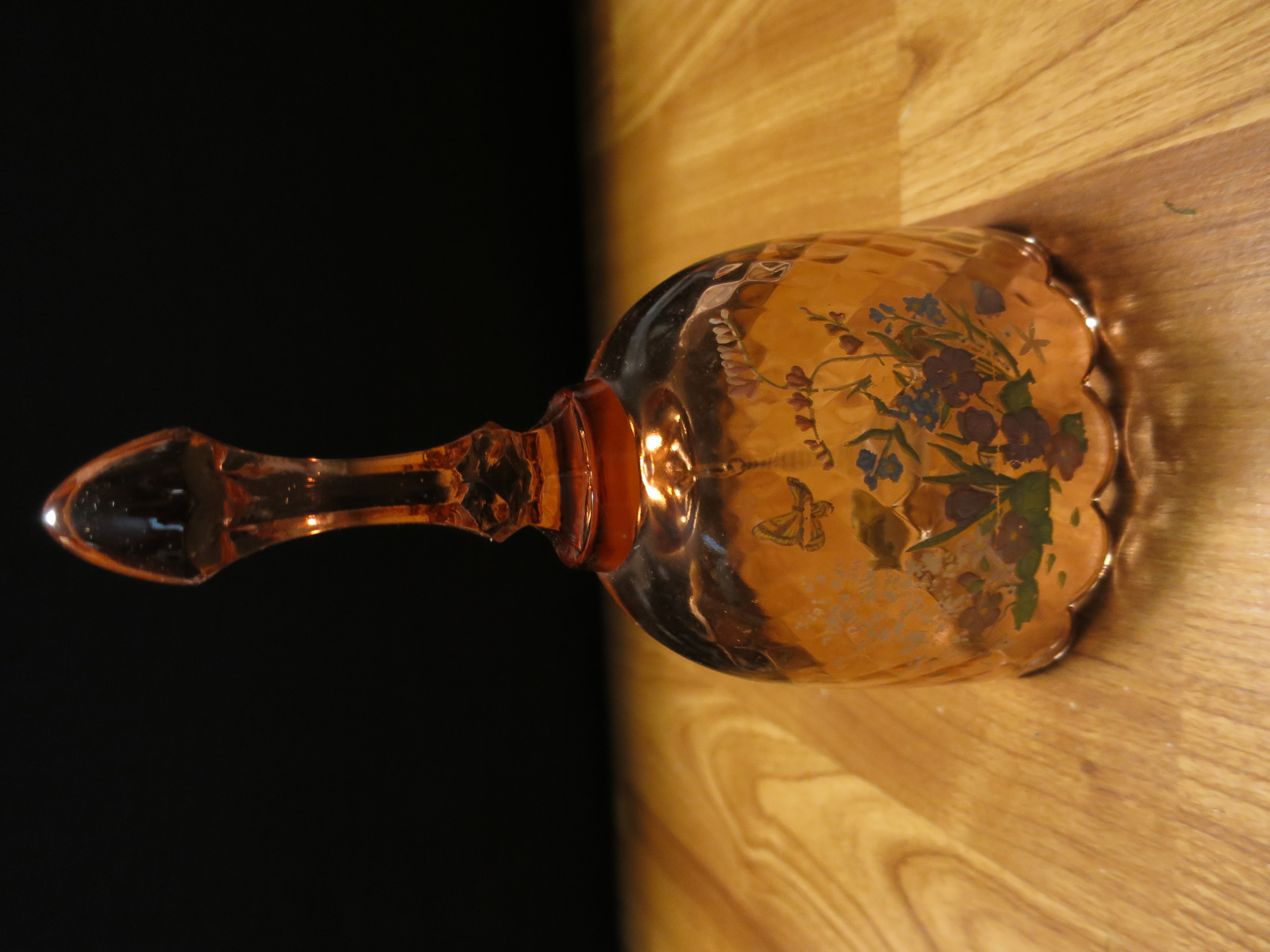 Fenton Art Glass Bell Pink Diamond Floral Butterfly Hand Painted