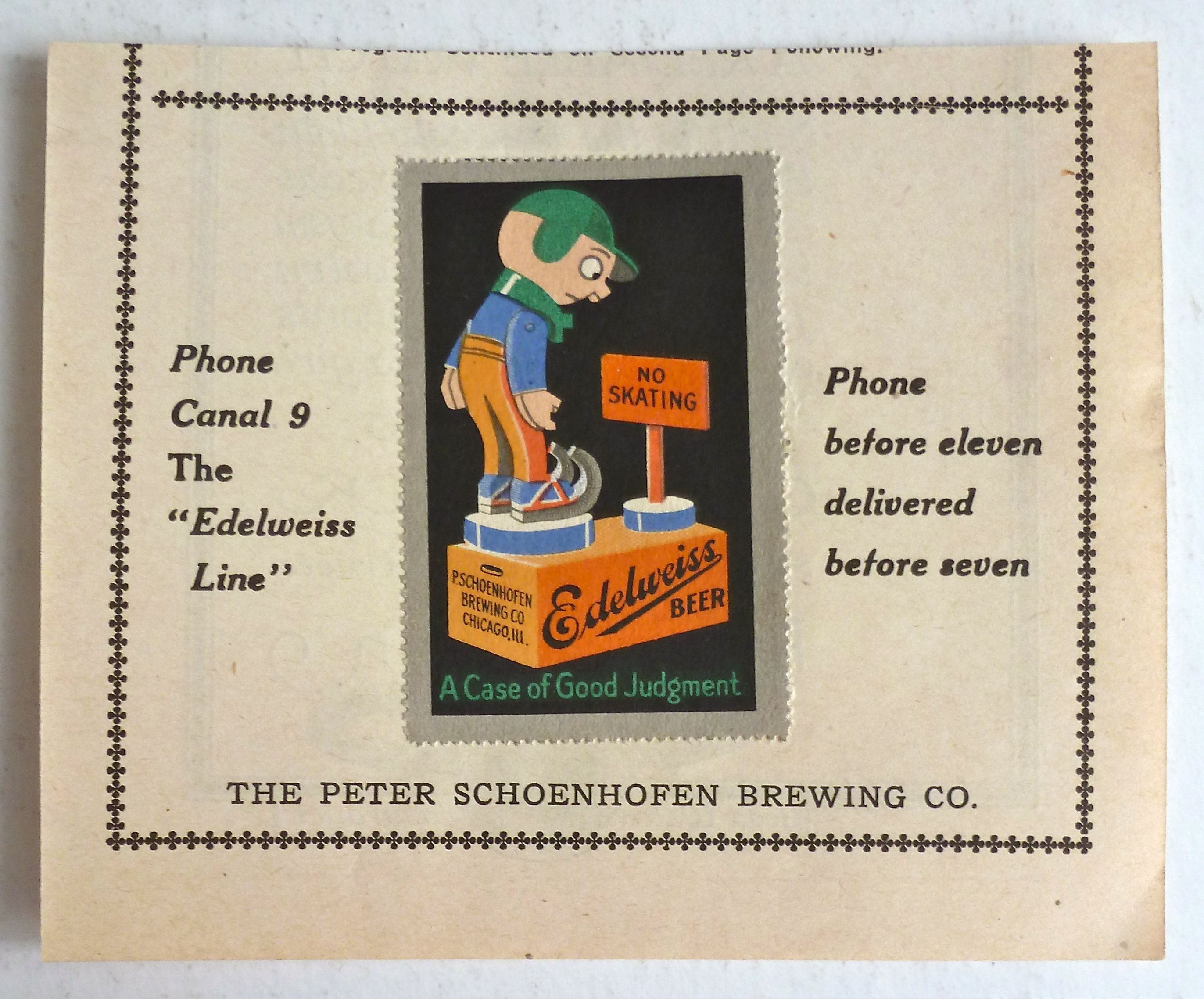 1920s Edelweiss Beer Peter Schoenhofen Chicago Stamp Ad