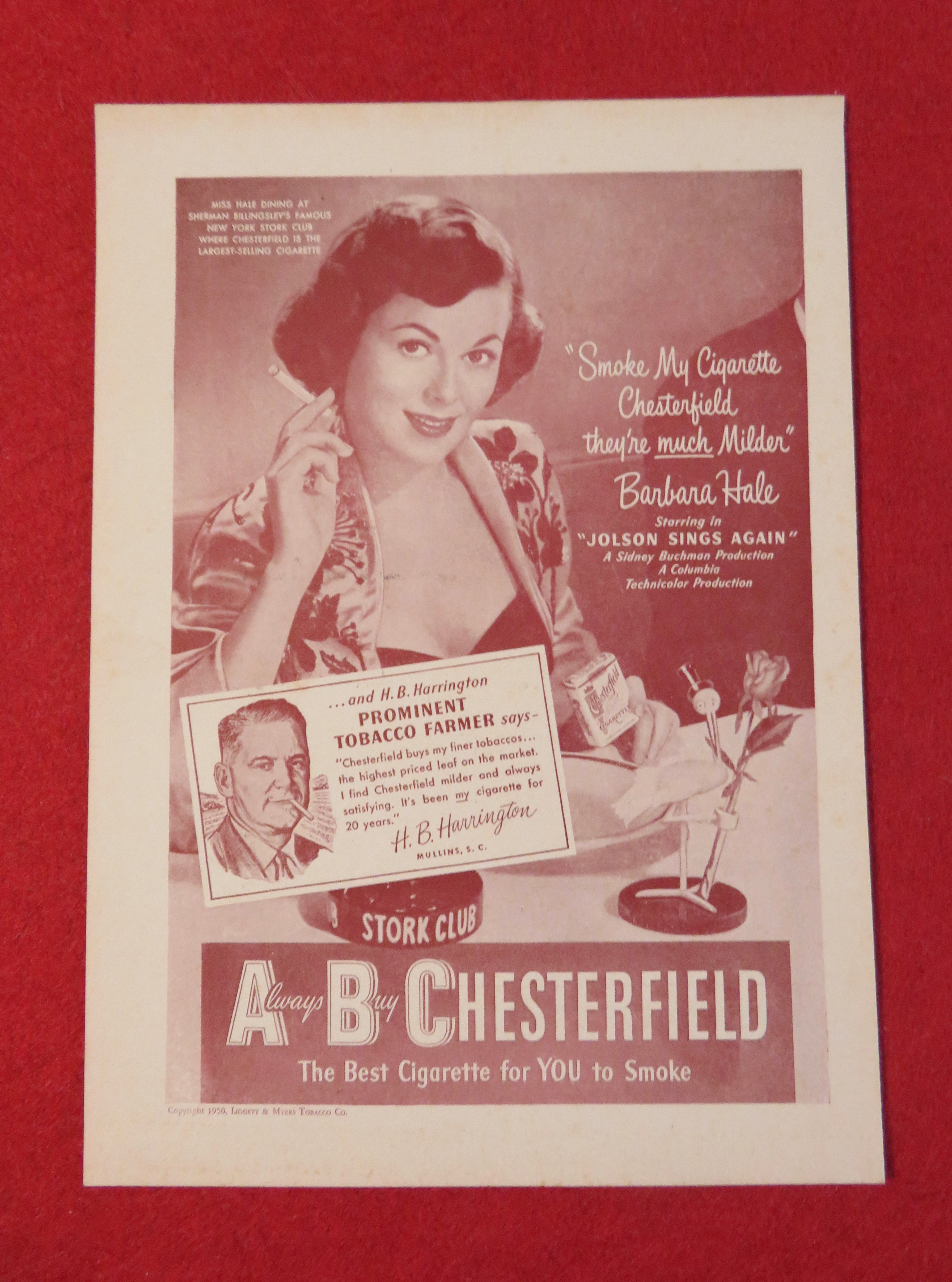 1950 Chesterfield Cigarettea with Barbara Hale