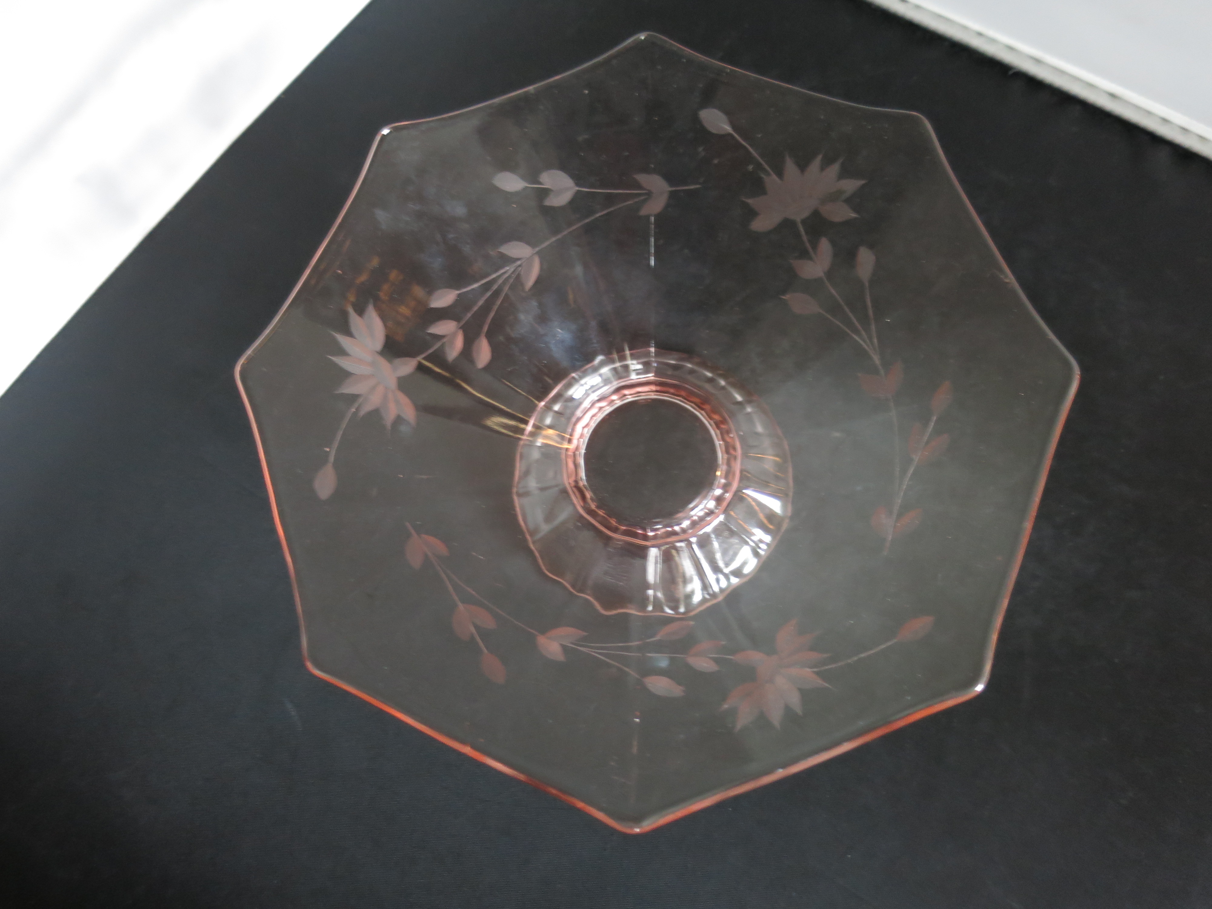 Elegant Pink Depression Glass Etched Pedestal bowl 8.5 inch