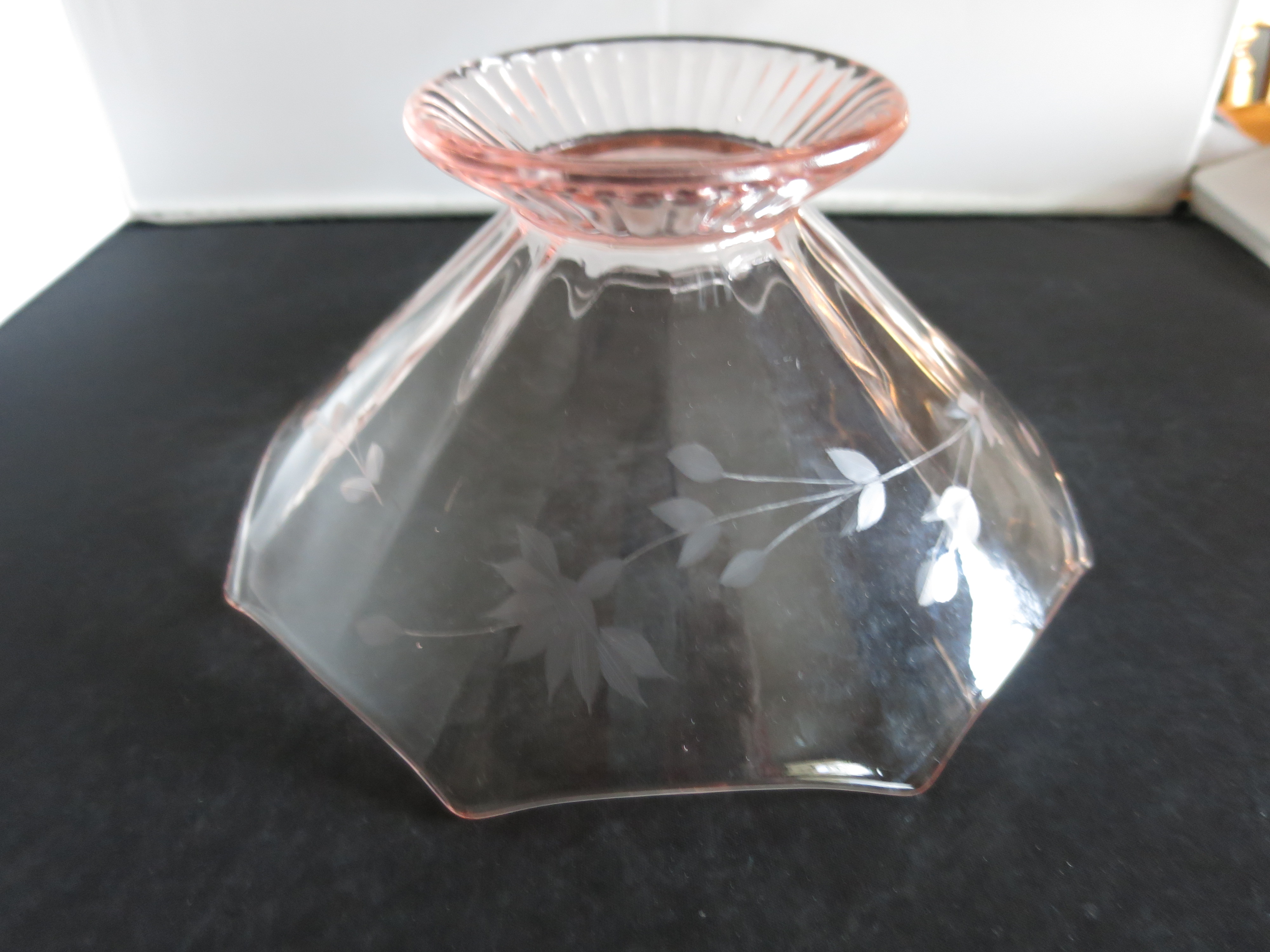Elegant Pink Depression Glass Etched Pedestal bowl 8.5 inch