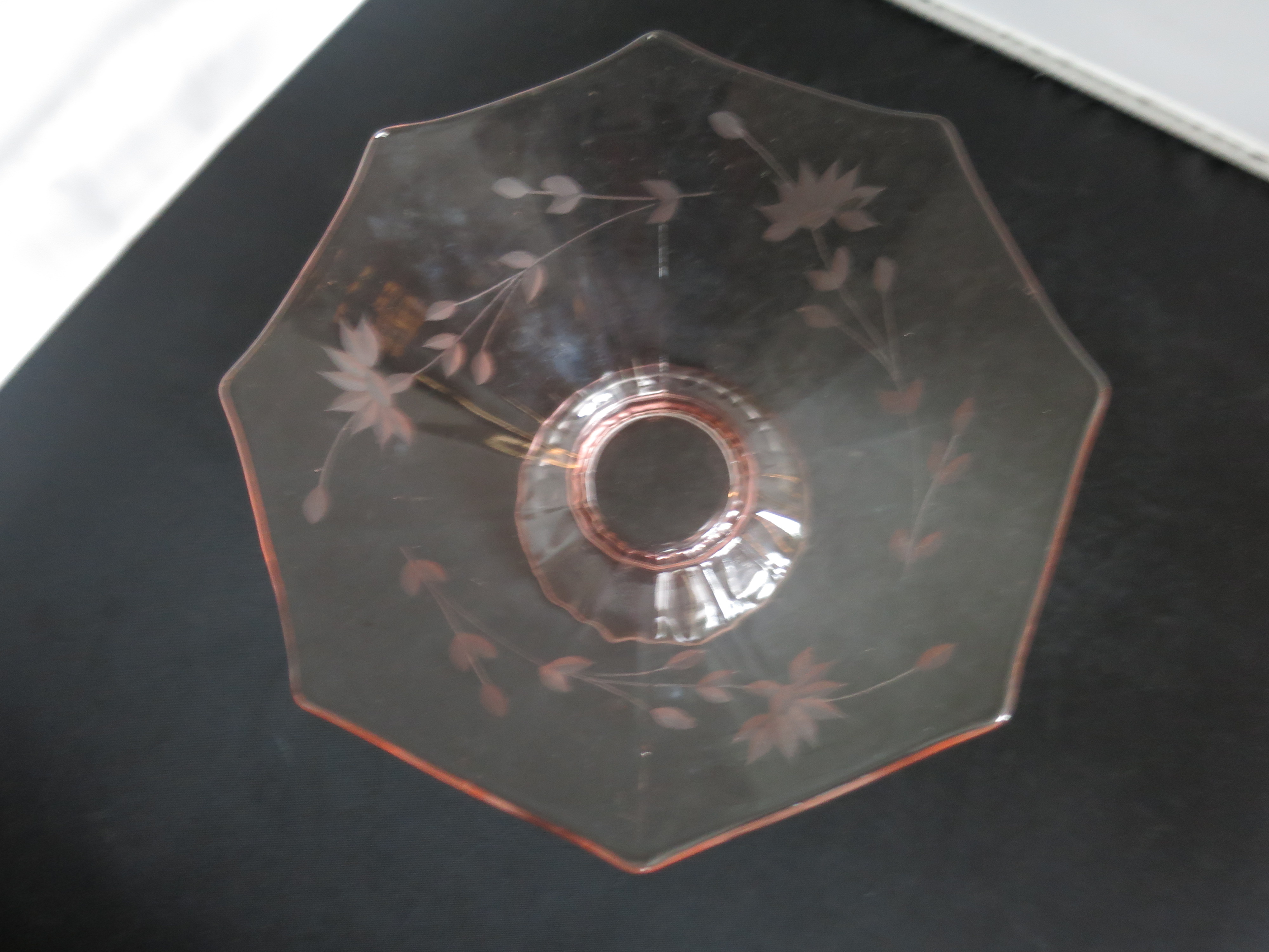 Elegant Pink Depression Glass Etched Pedestal bowl 8.5 inch