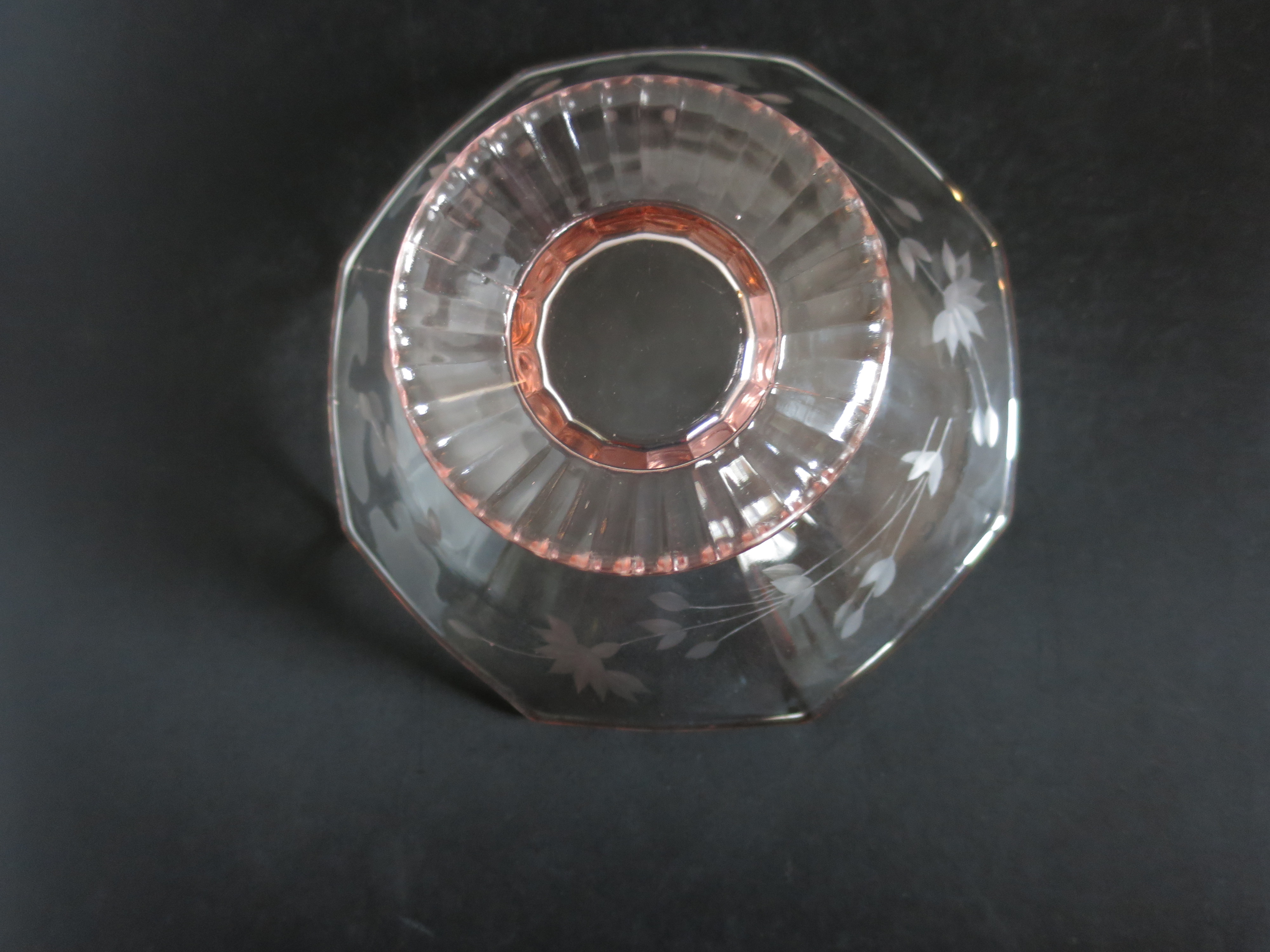 Elegant Pink Depression Glass Etched Pedestal bowl 8.5 inch