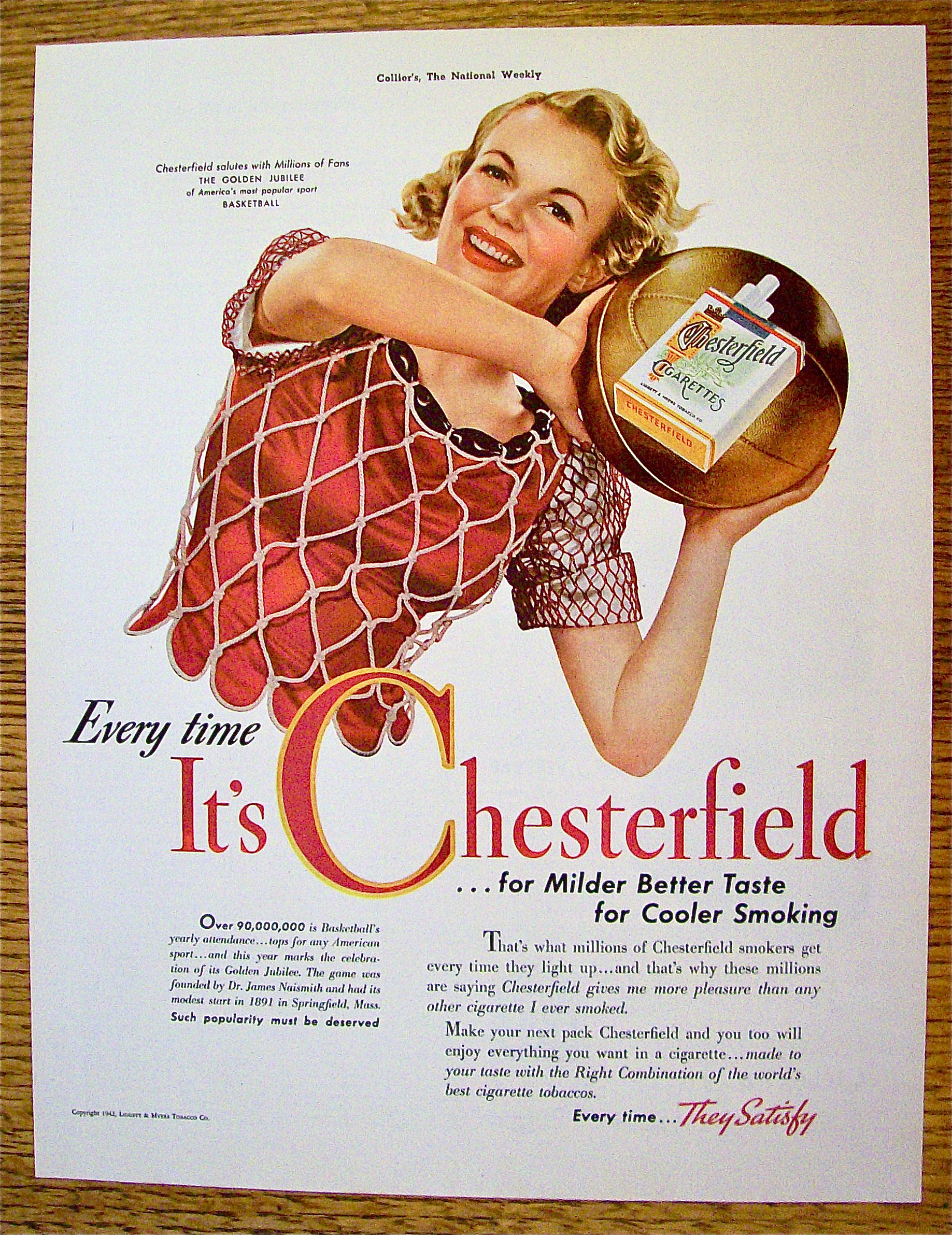 1942 Chesterfield Cigarettes with Woman & Basketball