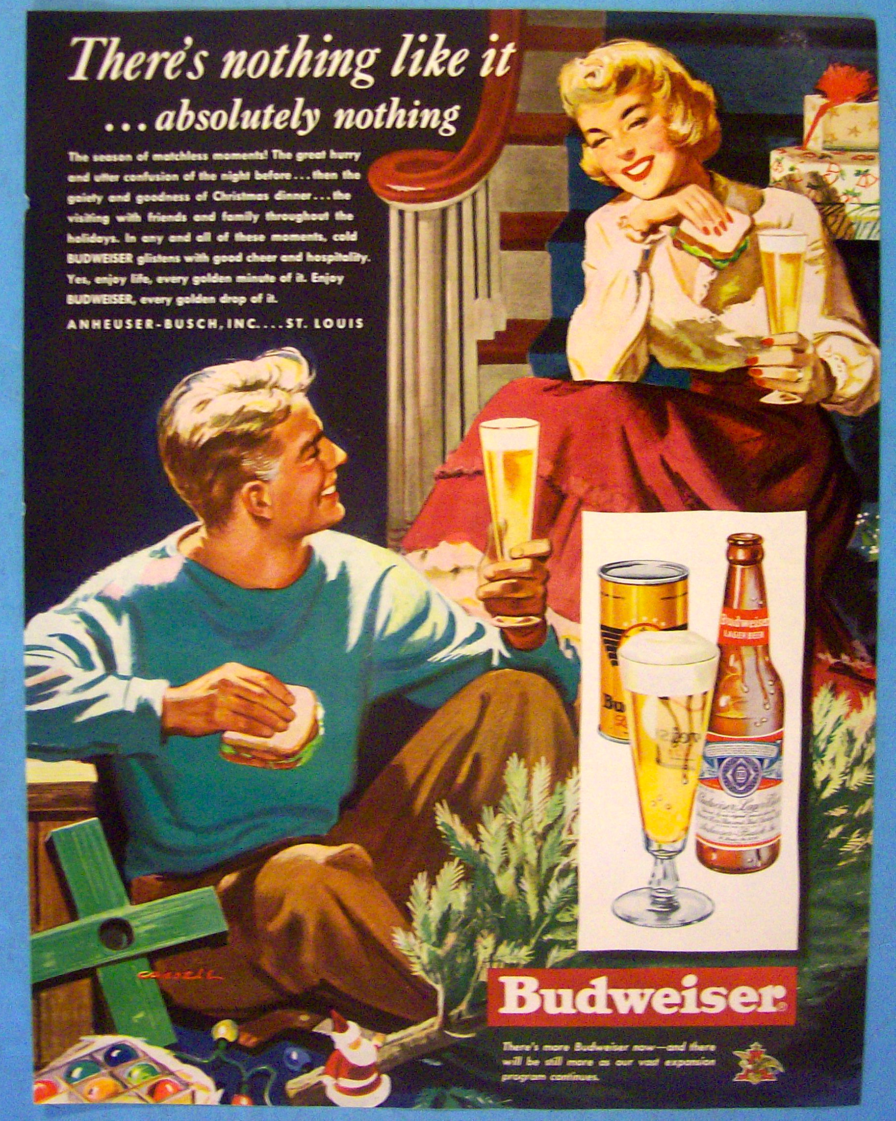 1949 Budweiser Beer By Cassell w/ Man & Woman Drinking