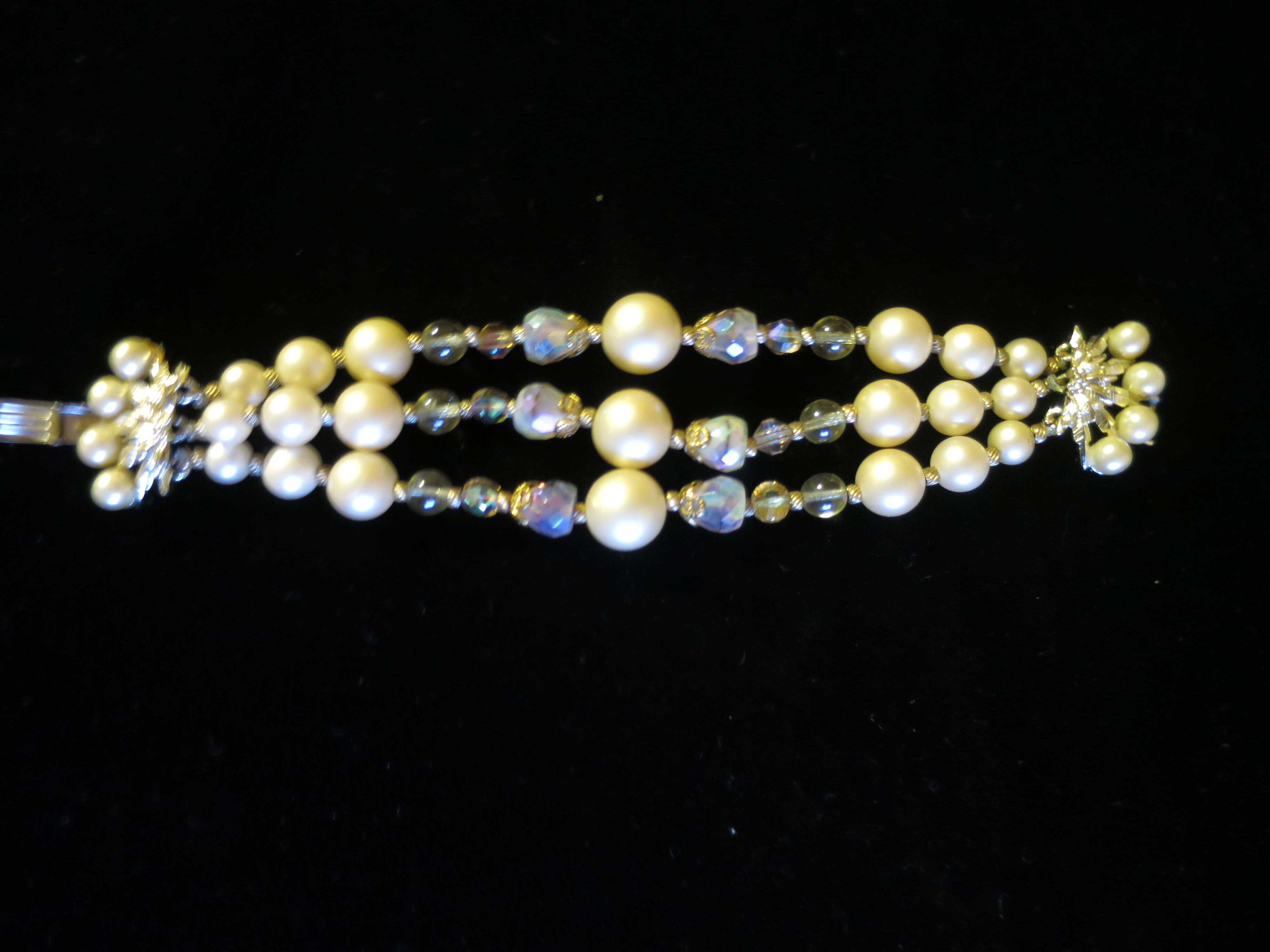 Vintage Beaded Bracelet Three Strand Gold Tone