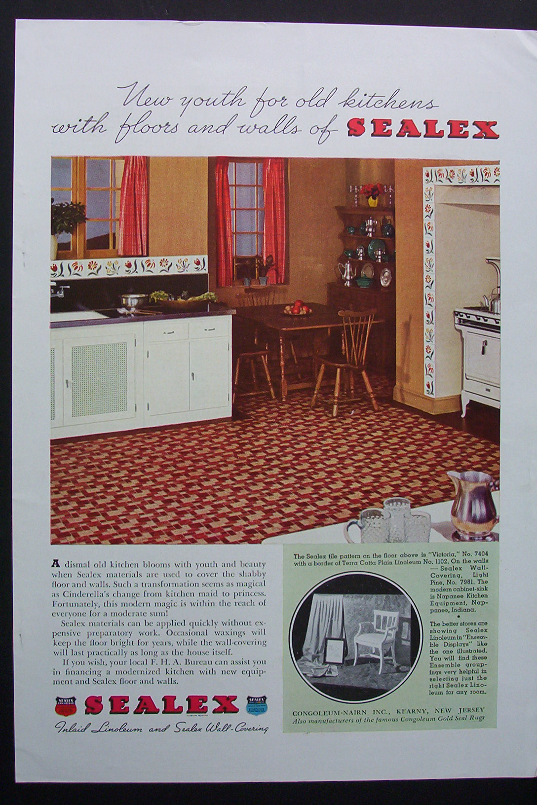 1935 Sealex Inlaid Linoleum & Wall Covering w/ Kitchen