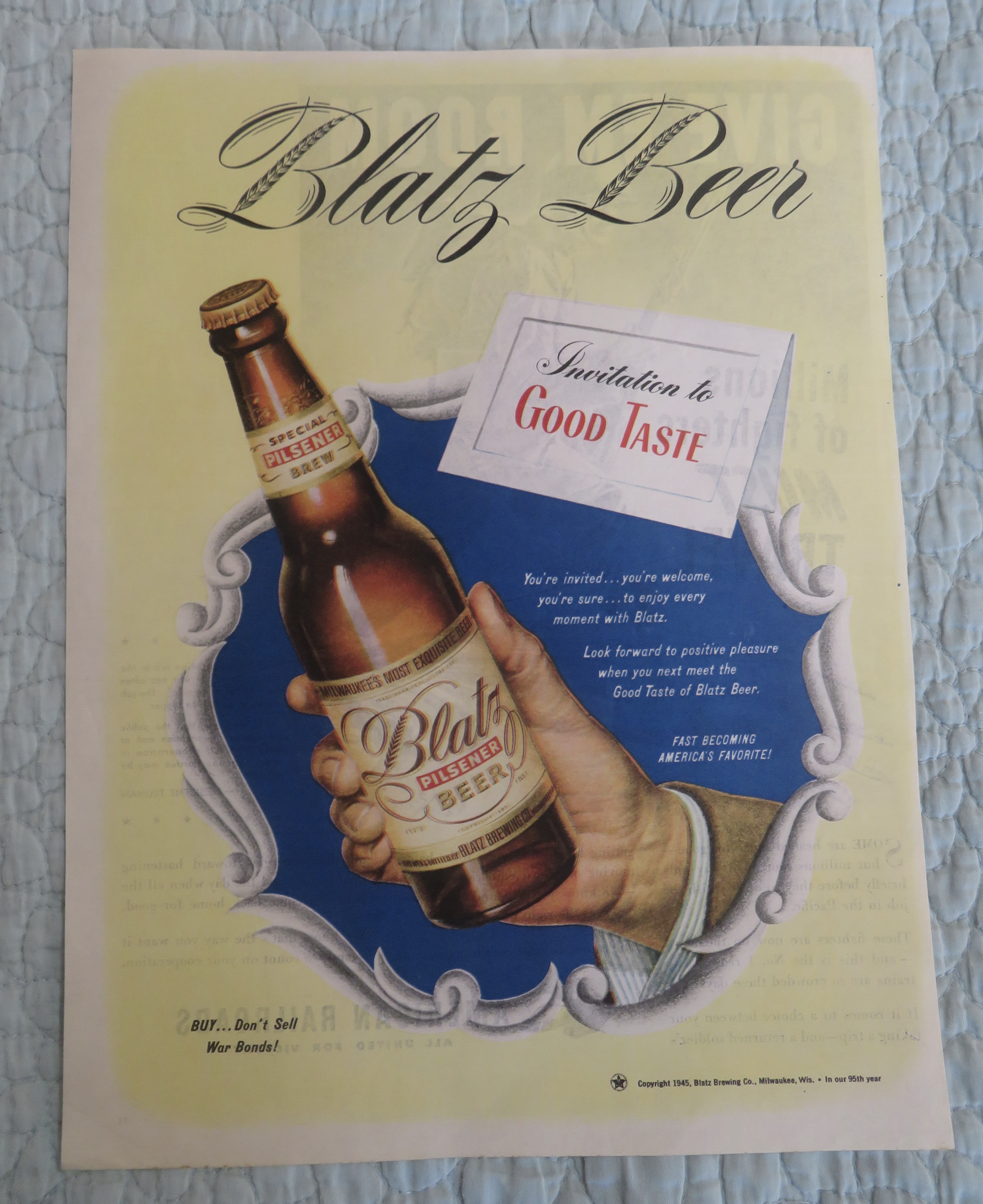 1945 Blatz Beer with Hand Holding Bottle Of Beer