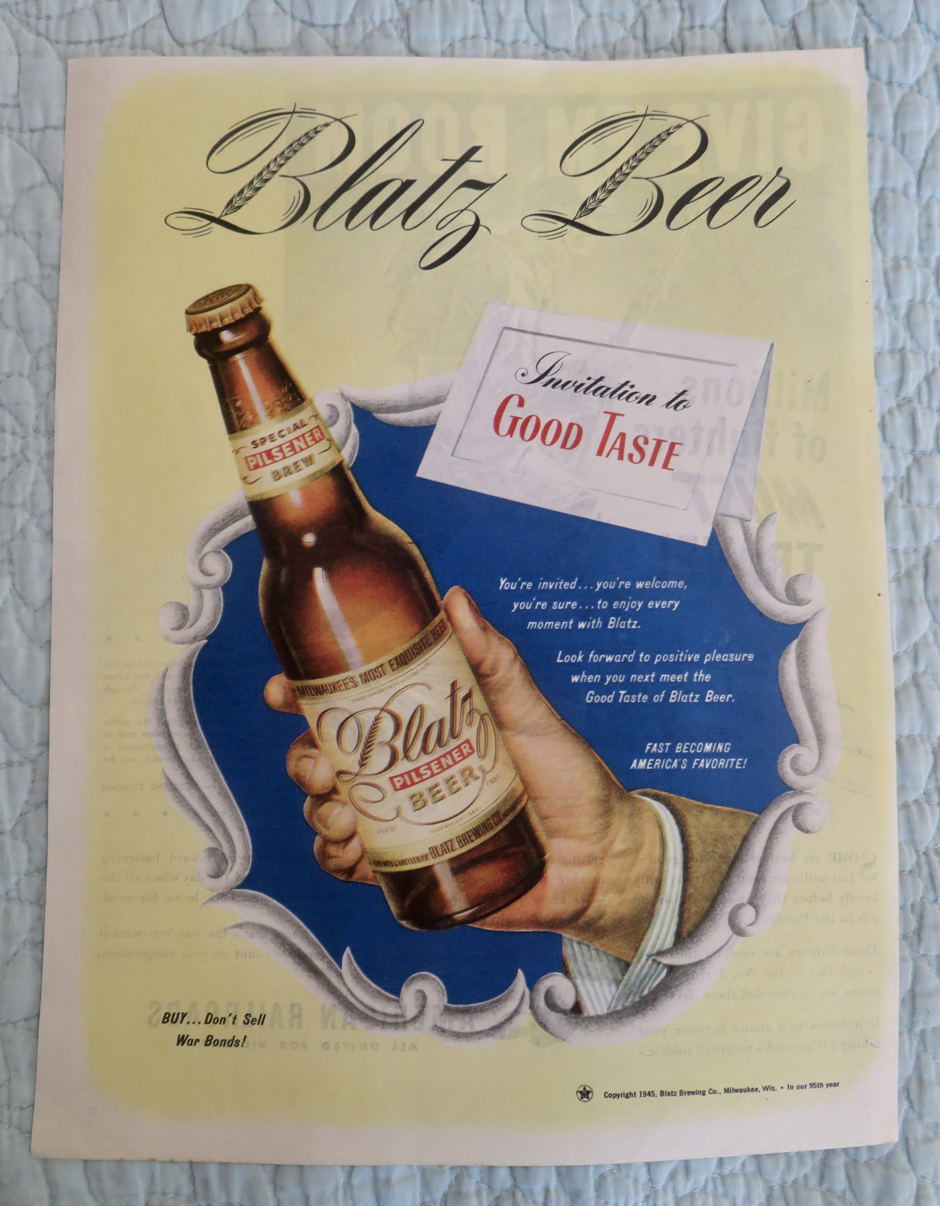 1945 Blatz Beer with Hand Holding Bottle Of Beer