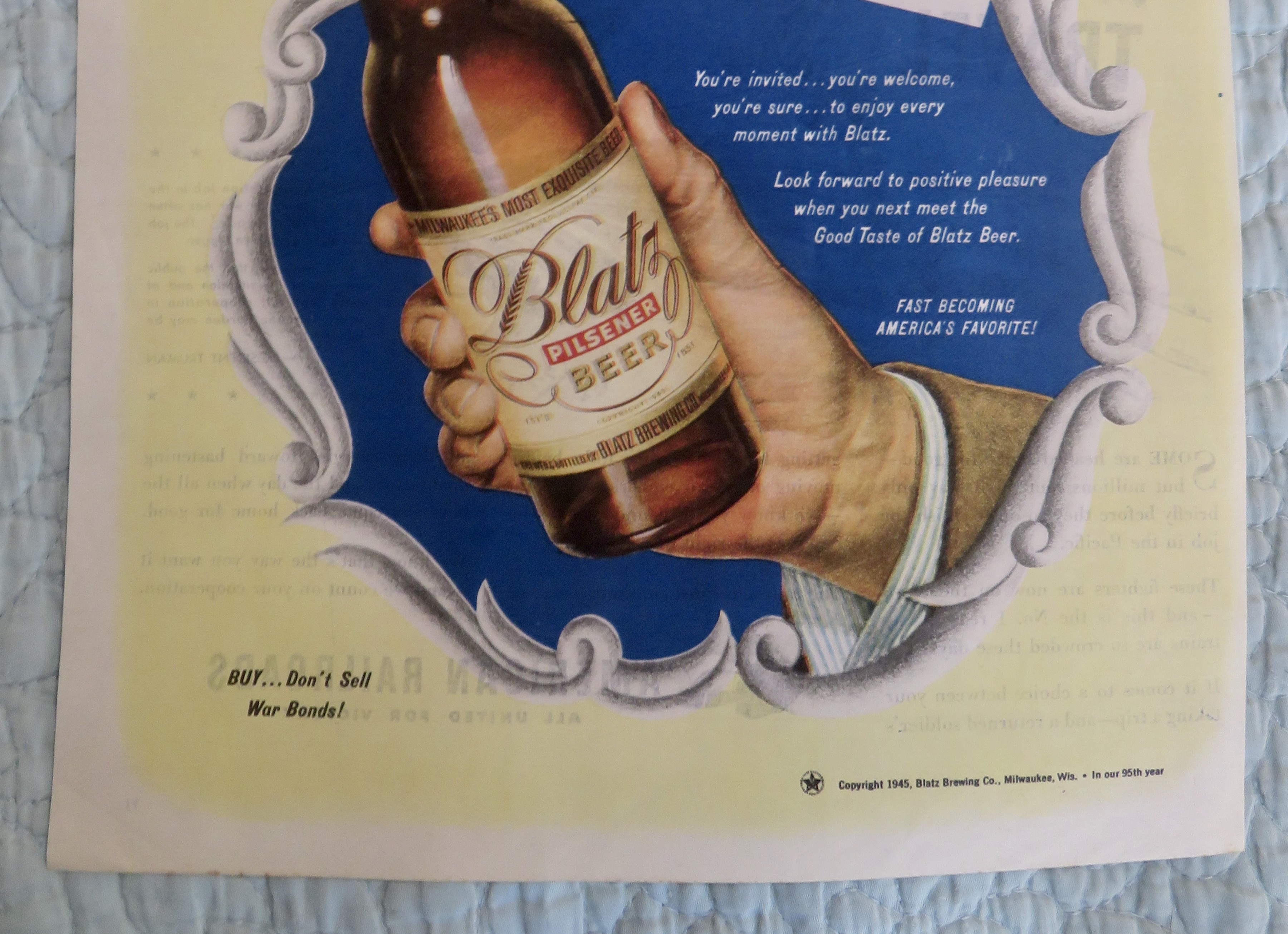 1945 Blatz Beer with Hand Holding Bottle Of Beer