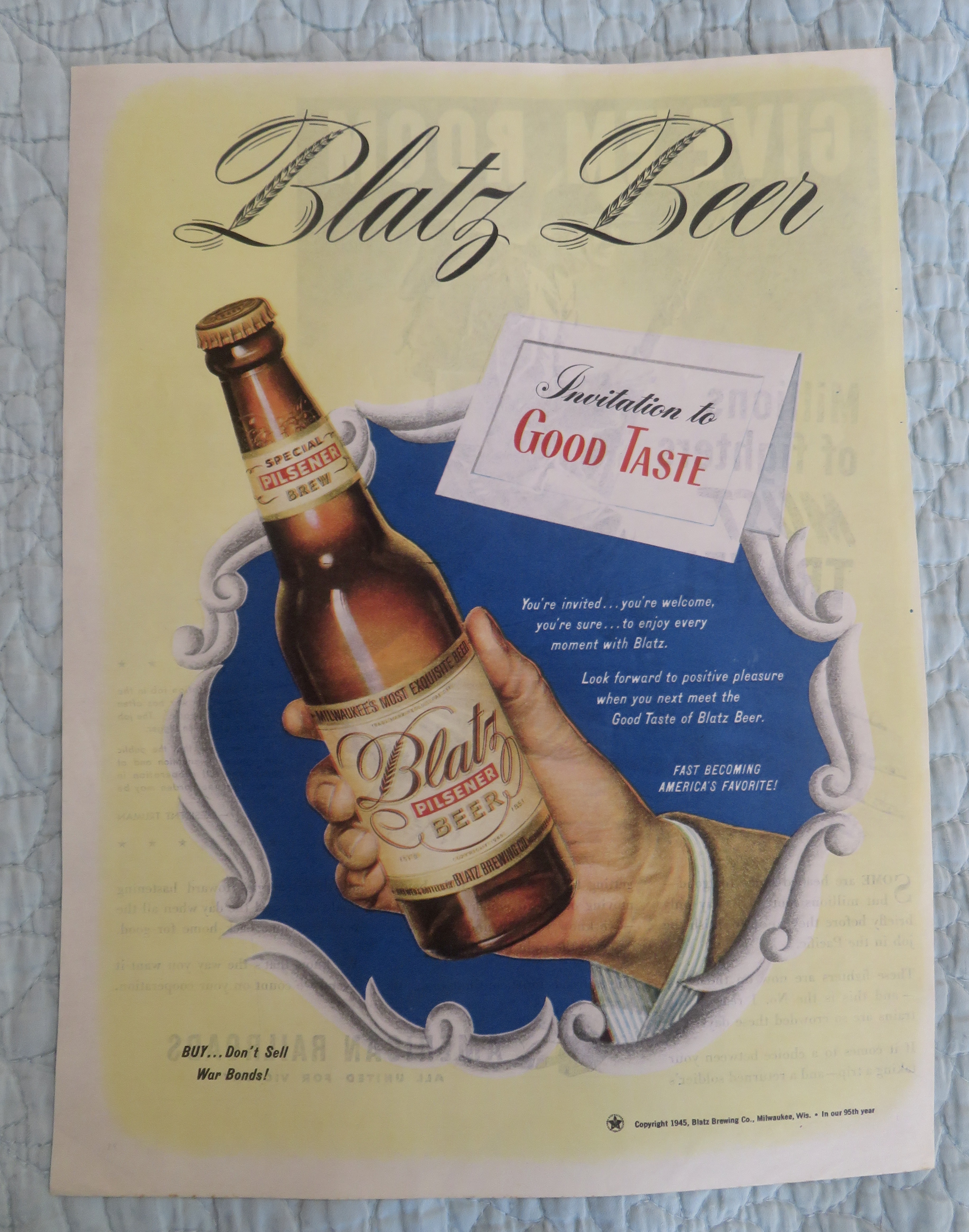 1945 Blatz Beer with Hand Holding Bottle Of Beer