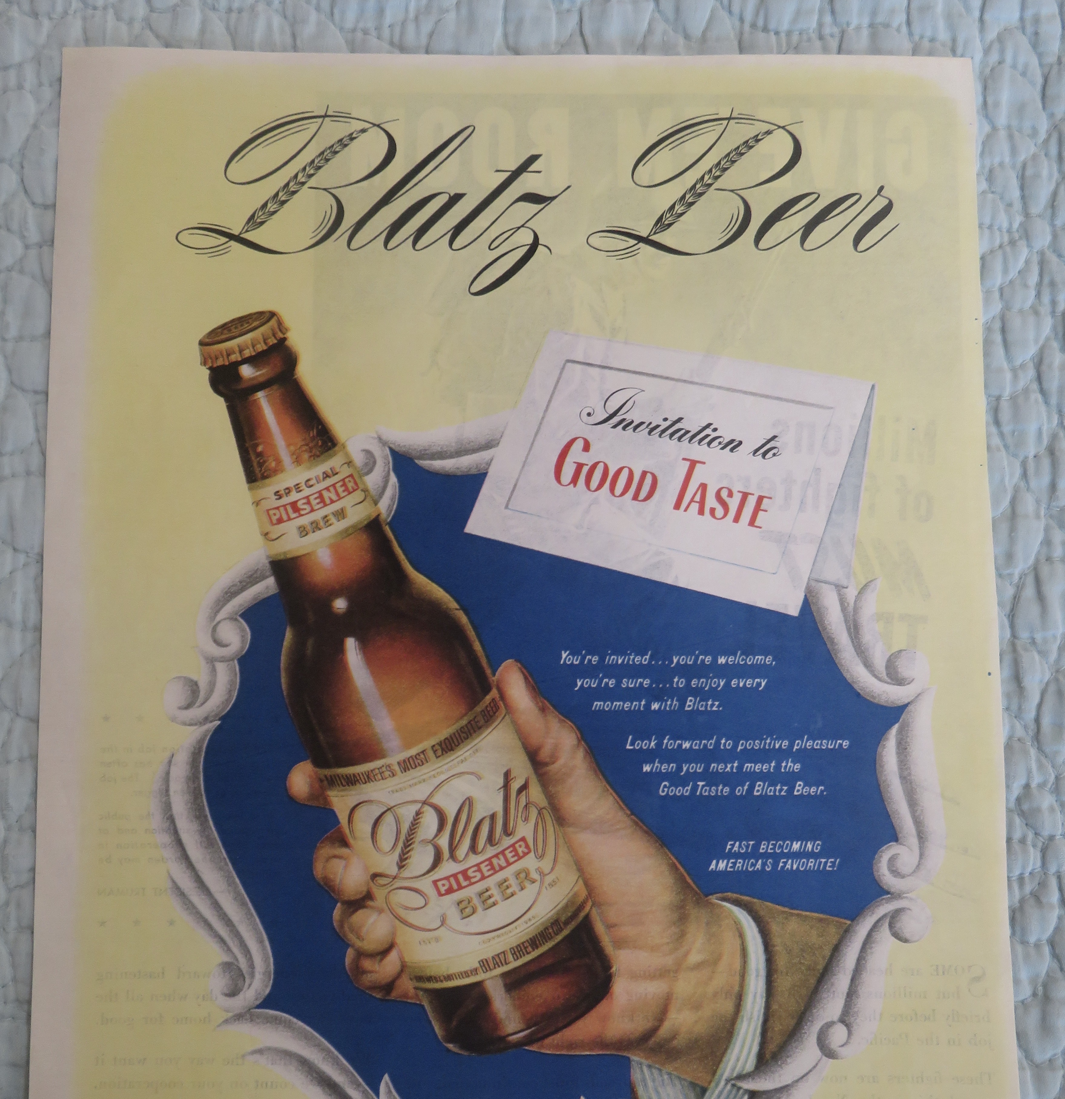 1945 Blatz Beer with Hand Holding Bottle Of Beer
