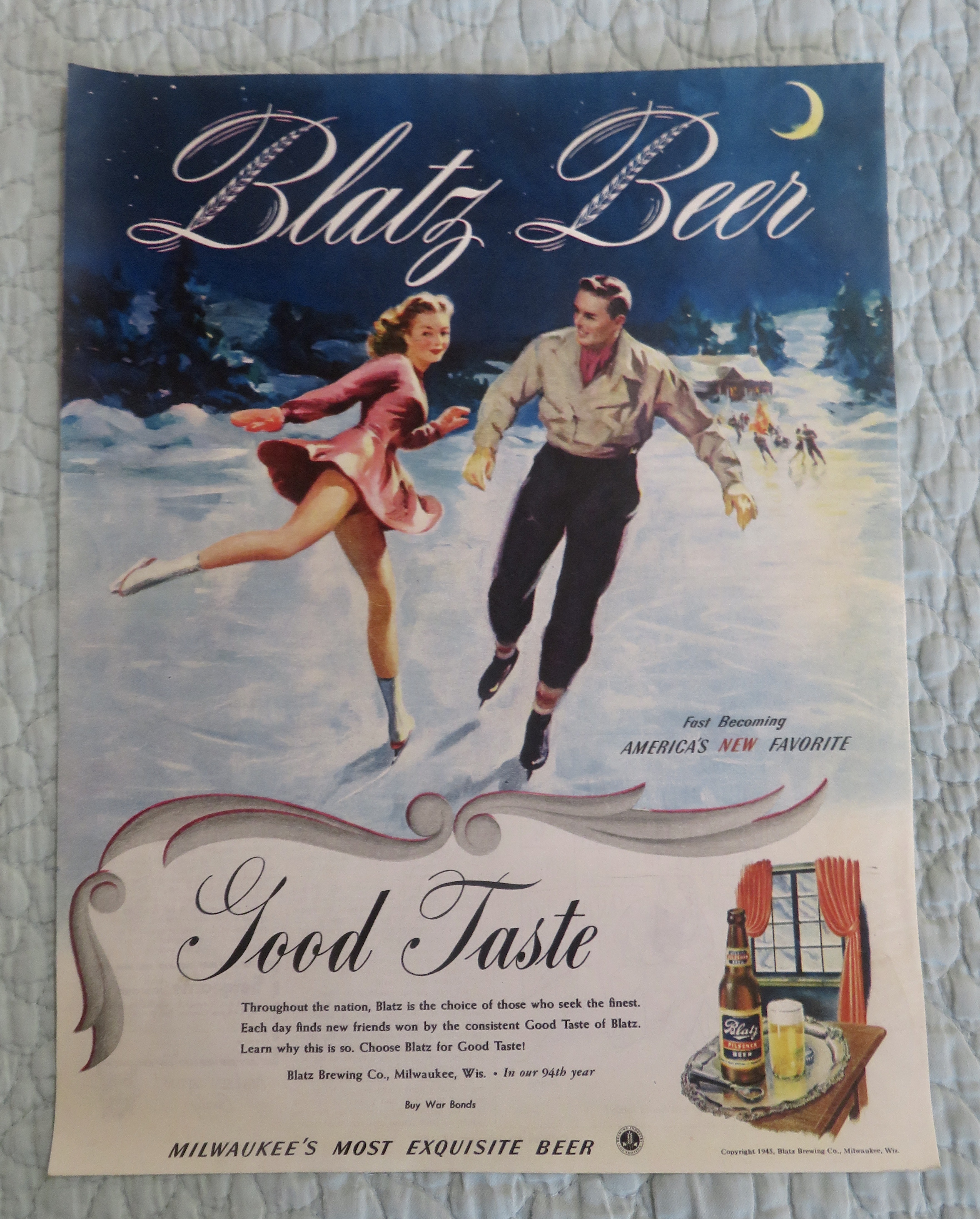 1945 Blatz Beer with A Man & Woman Skating