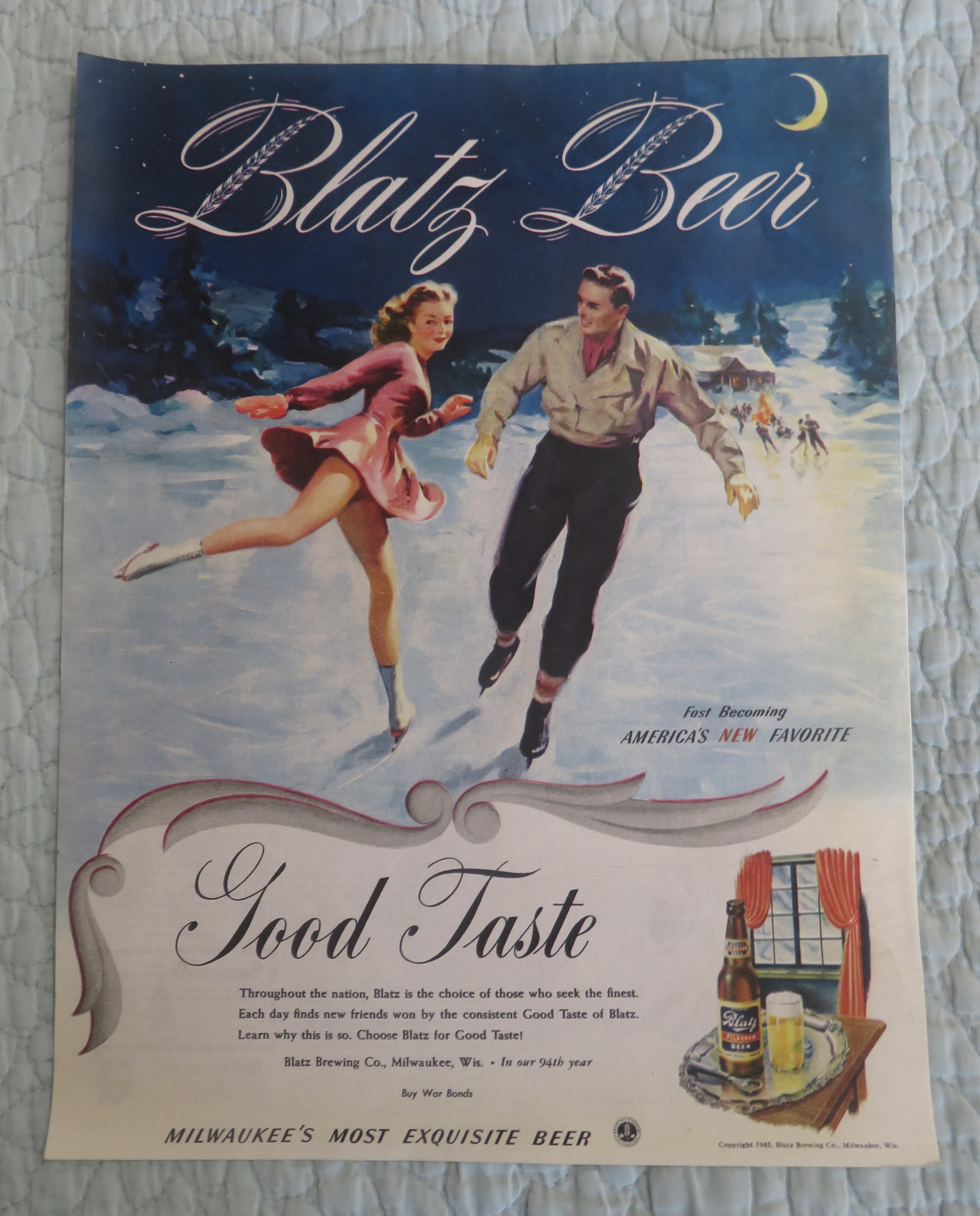 1945 Blatz Beer with A Man & Woman Skating
