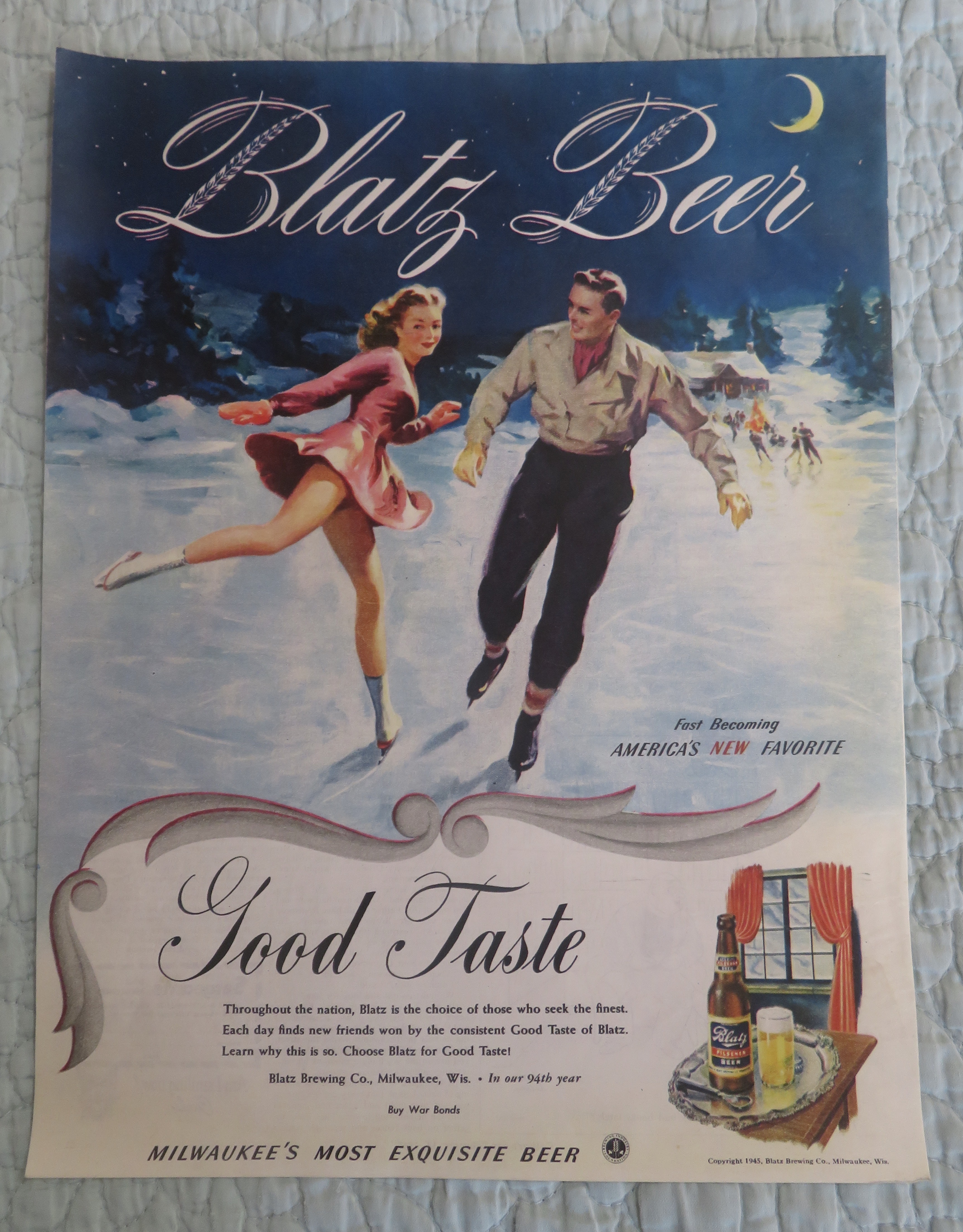 1945 Blatz Beer with A Man & Woman Skating