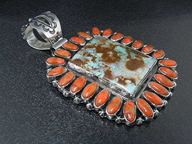 Navajo Coral Dry Creek Turquoise Sterling Silver Pendan