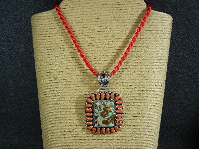 Navajo Coral Dry Creek Turquoise Sterling Silver Pendan