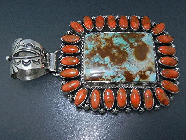 Navajo Coral Dry Creek Turquoise Sterling Silver Pendan