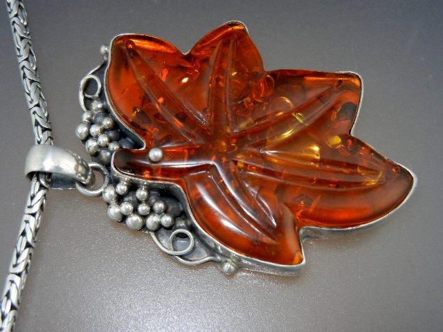 Baltic Amber Leaf Sterling Silver Pendant Large