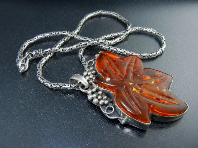 Baltic Amber Leaf Sterling Silver Pendant Large