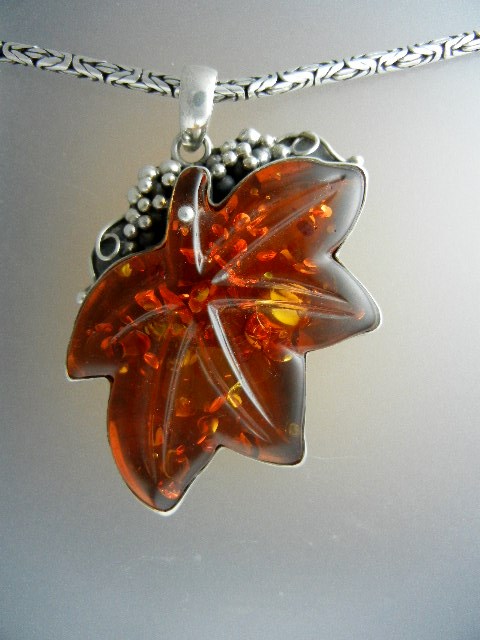 Baltic Amber Leaf Sterling Silver Pendant Large