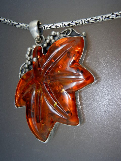 Baltic Amber Leaf Sterling Silver Pendant Large